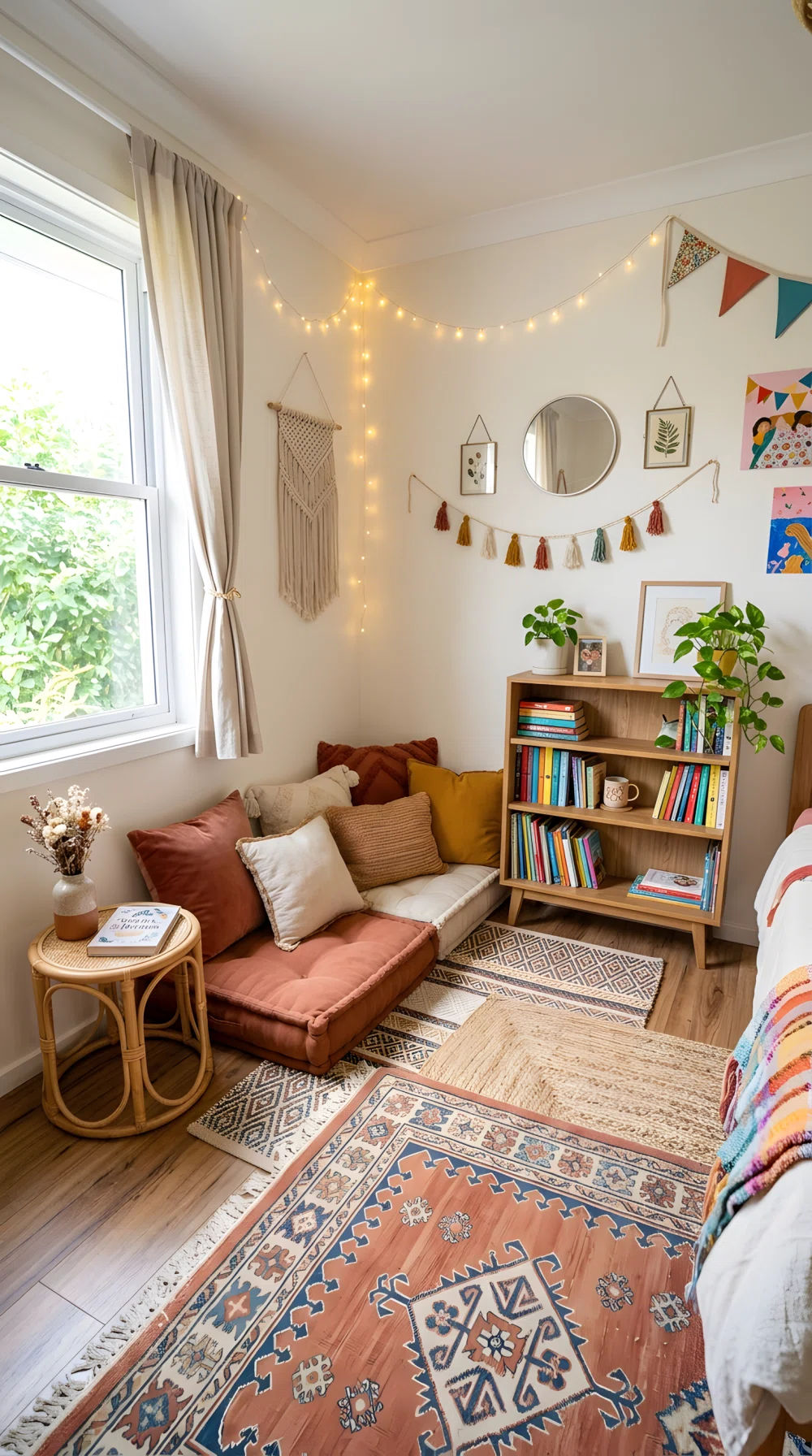 A wide-angle photograph of a cozy boho reading nook in a girl's bedroom corner, layered patterned rugs, floor cushions in terracotta and cream tones, a low wooden bookshelf, string fairy lights, natural window light streaming in, playful vibrant colors, stock photography style, dramatic wide room angle, clean and organized