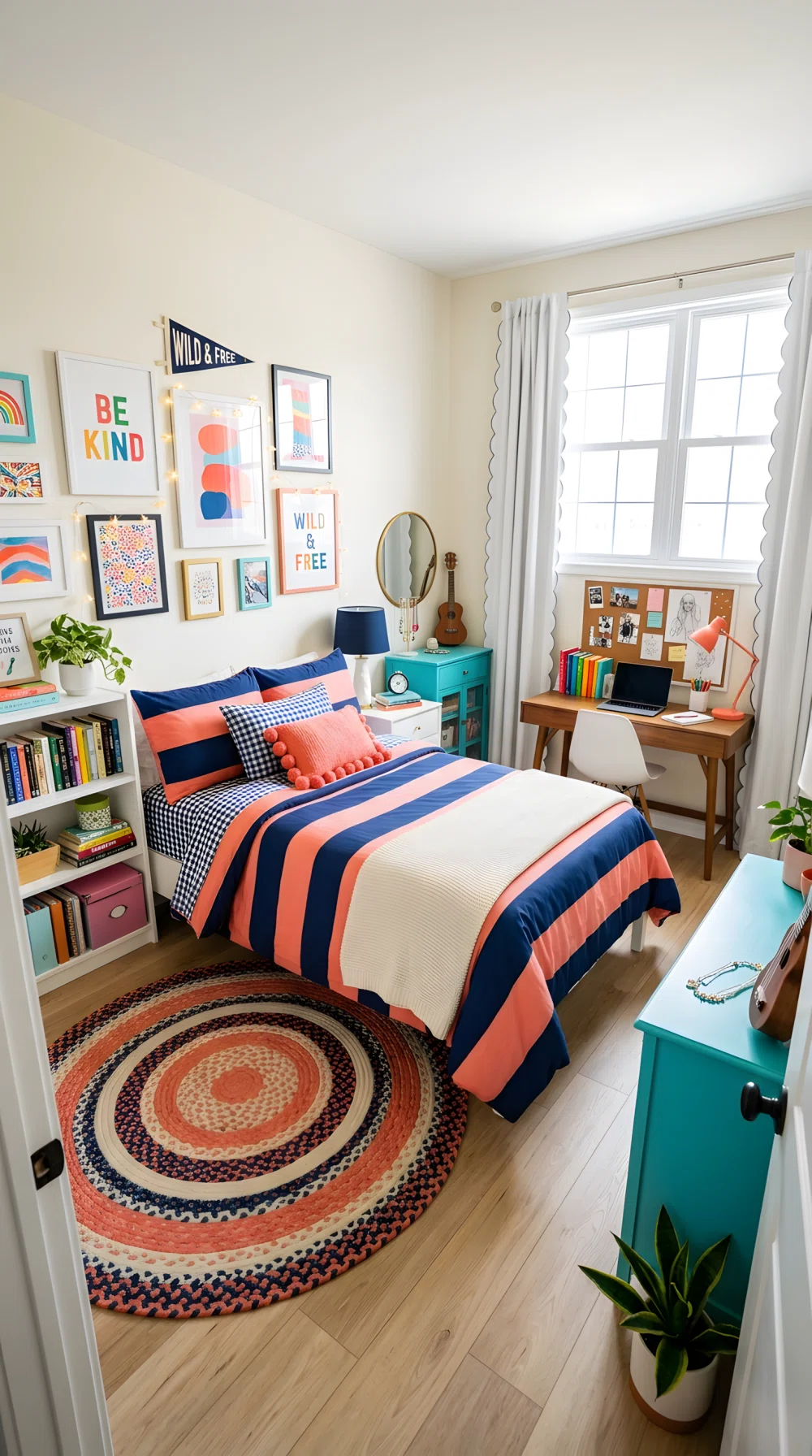 A wide-angle photograph of a teen girl's bedroom with bold striped bedding in navy (RGB 40,60,110) and coral (RGB 250,140,120), scalloped edge curtains, gingham throw pillow, bright natural window light, playful vibrant color accents, stock photography style, dramatic wide room angle, neatly made and organized