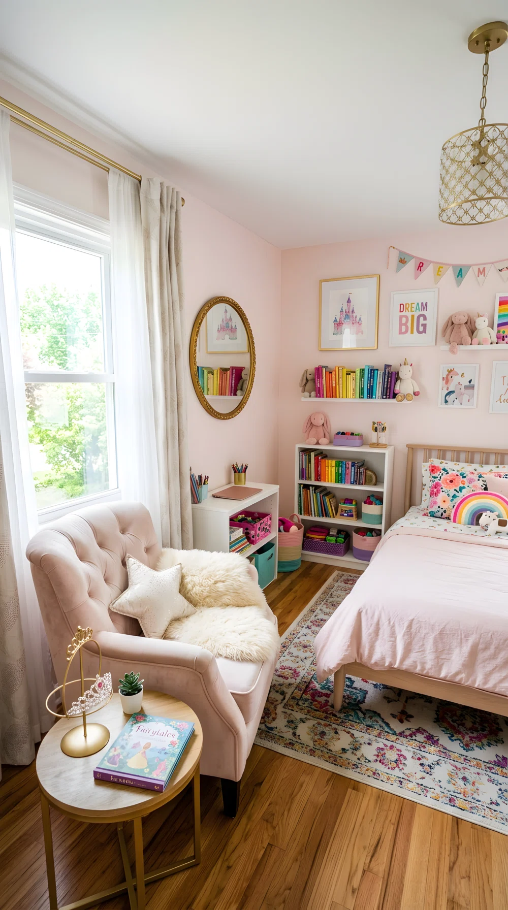 A wide-angle photograph of a girl's bedroom featuring a styled princess corner, soft blush velvet armchair, round gold-framed mirror on the wall, small tiara display stand on a side table, bright natural window light, playful vibrant color accents, stock photography style, dramatic wide room angle, neatly arranged and organized