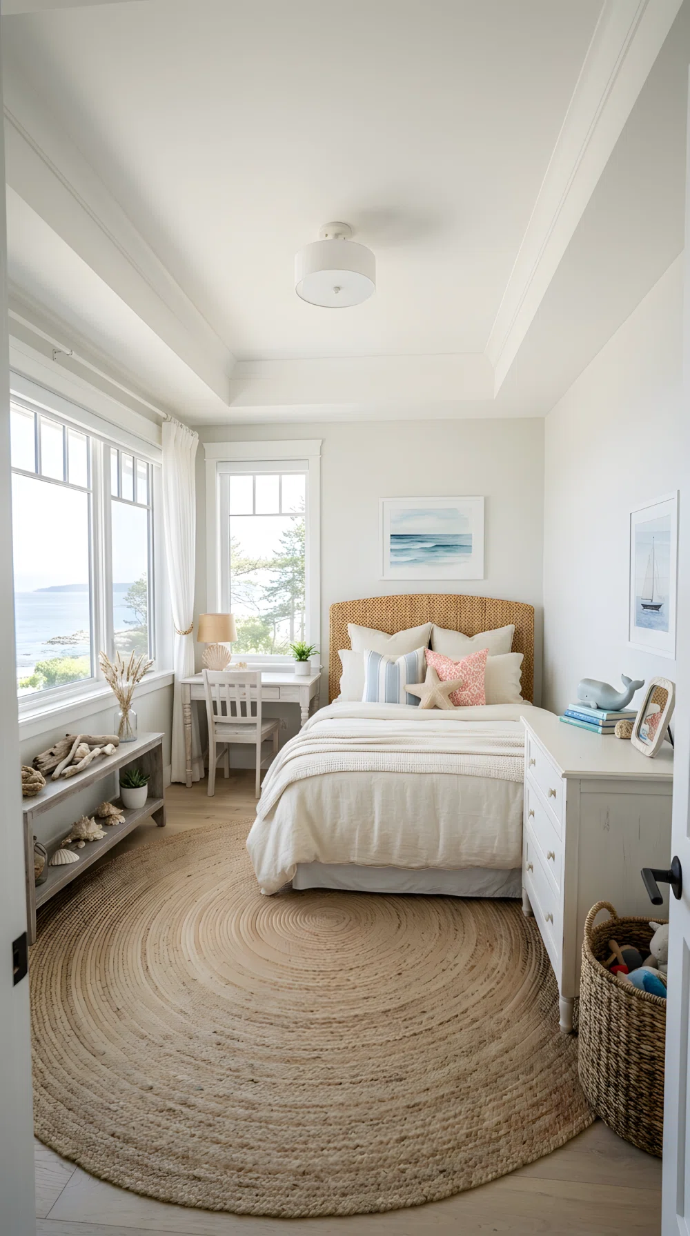 A wide-angle photograph of a coastal cottage style girl's bedroom, woven rattan headboard, linen bedding in soft cream tones, jute area rug, small shelf with driftwood and seashell accents, bright natural window light, soft playful color touches, stock photography style, dramatic wide room angle, clean and organized