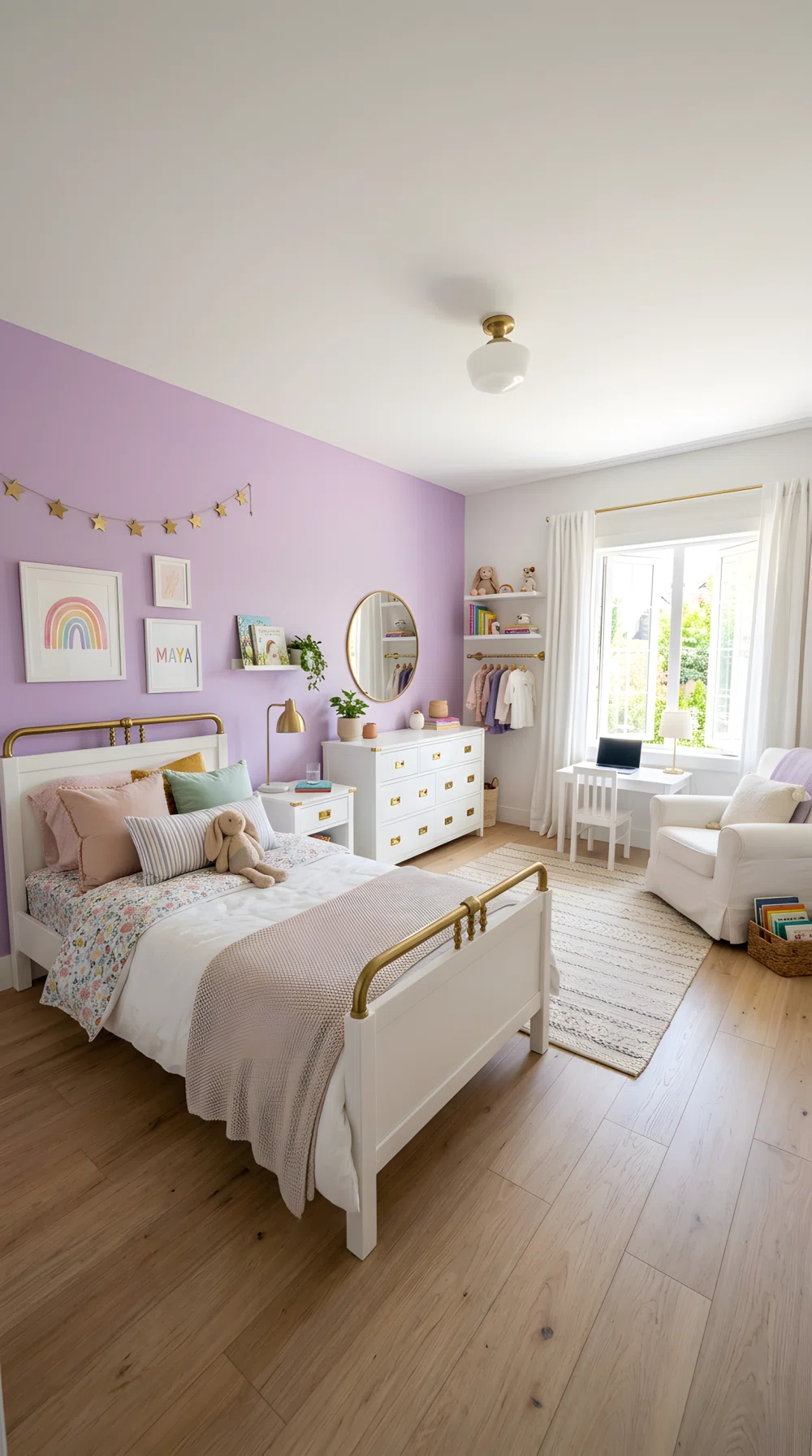 A wide-angle photograph of a girl's bedroom with a lavender accent wall (RGB 200,170,220), white simple bed and furniture, brass drawer pulls and hardware accents, bright natural window light, soft playful color palette, stock photography style, dramatic wide room angle, neatly made and organized