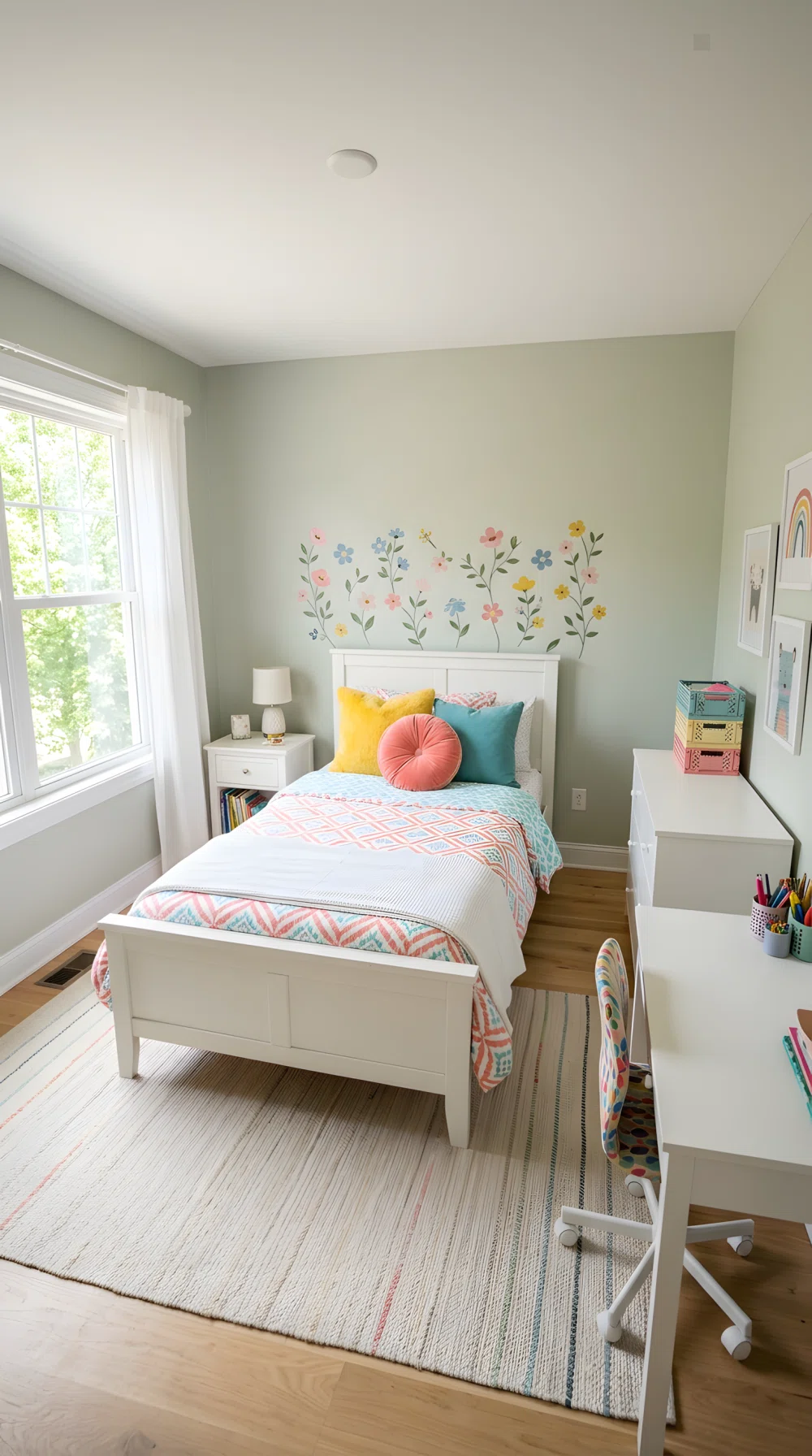 A wide-angle photograph of a girl's bedroom featuring removable floral vine wall decals above the headboard, simple white bed, bright natural daylight, playful vibrant accent colors, stock photography style, dramatic wide room angle, neatly arranged and organized