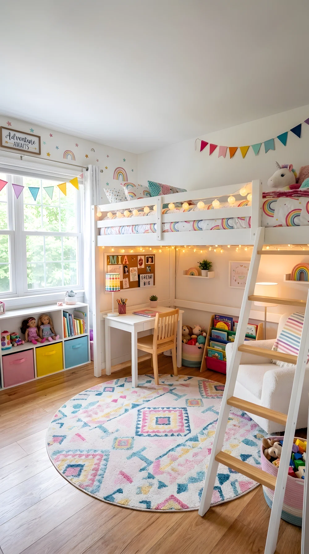A wide-angle photograph of a small girl's bedroom with a white loft bed, open desk and reading area underneath, soft area rug, string lights along the underside of the loft frame, bright natural window light, playful vibrant color accents, stock photography style, dramatic wide room angle, clean and organized