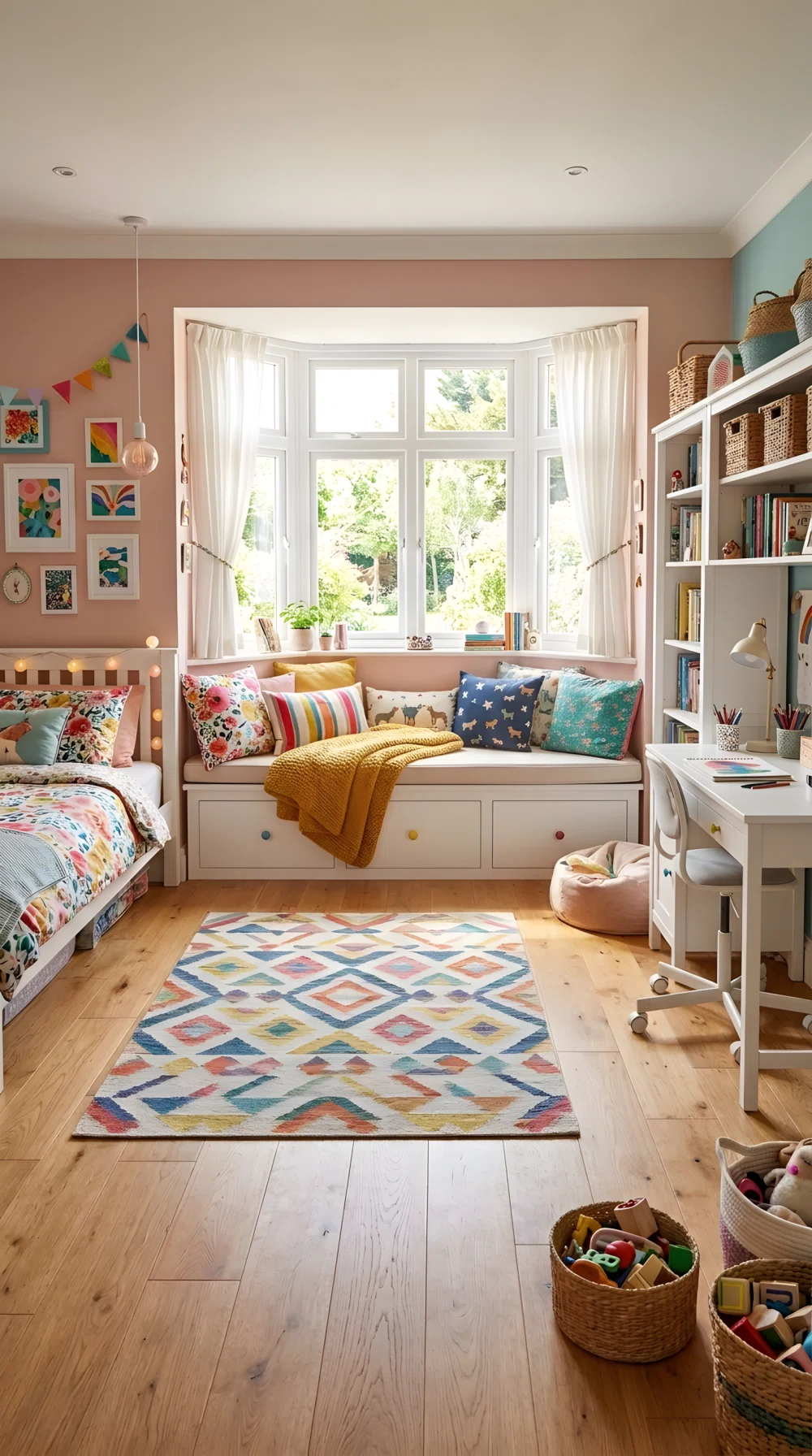 A wide-angle photograph of a girl's bedroom with a built-in bay window reading bench, colorful throw pillows, soft folded blanket, storage drawers underneath, bright natural sunlight pouring through the window, playful vibrant color accents, stock photography style, dramatic wide room angle, neatly arranged and organized