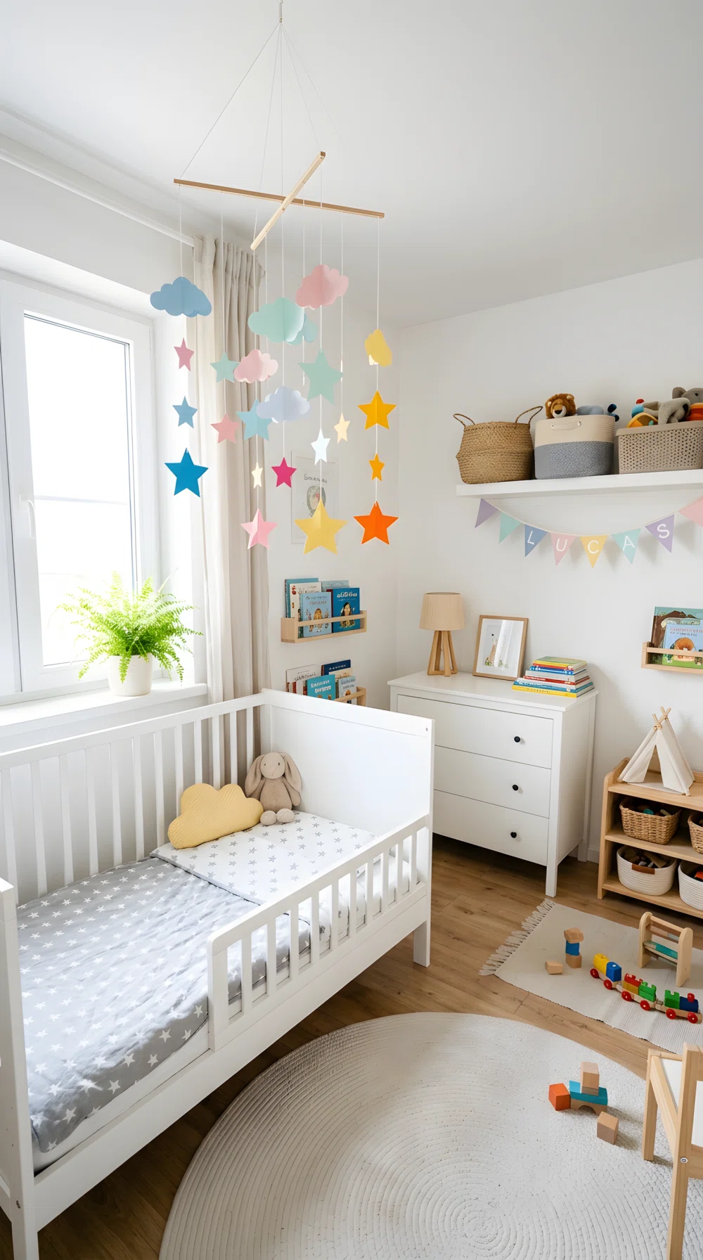 A wide-angle photograph of a toddler's bedroom with a hanging mobile of paper stars and clouds suspended above the crib or bed at varying heights, soft pastel and playful vibrant colors, bright natural window light, simple white furniture below, stock photography style, dramatic wide room angle, clean and organized