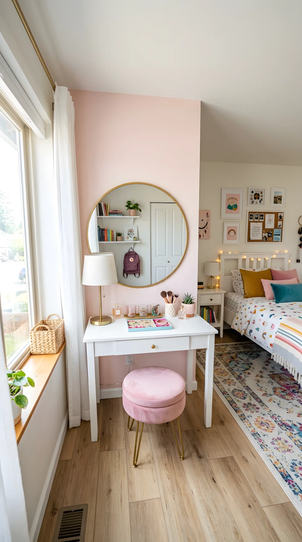 A wide-angle photograph of a teen girl's bedroom featuring a mini vanity table with round mirror, cushioned stool, small table lamp, jewelry tray, bright natural window light, playful vibrant color accents, stock photography style, dramatic wide room angle, neatly arranged and organized