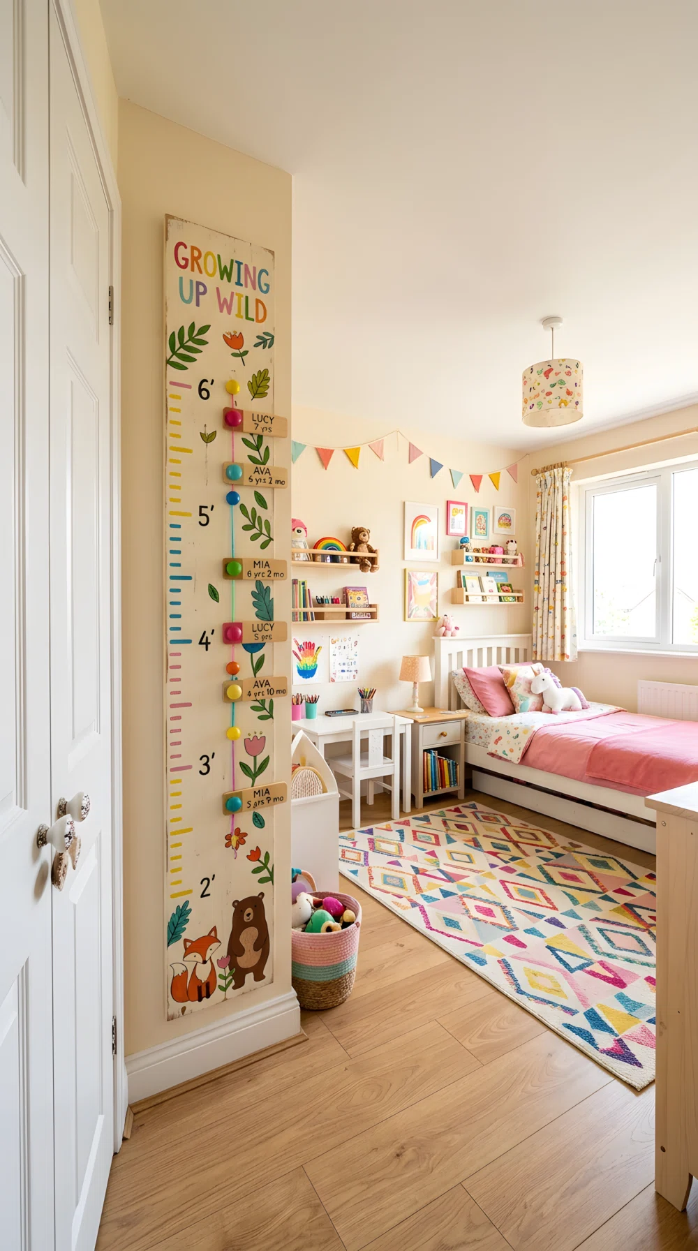 A wide-angle photograph of a girl's bedroom featuring a painted wooden growth chart mounted on the wall near the closet, colorful painted height markers, bright natural window light, playful vibrant color accents, stock photography style, dramatic wide room angle, clean and organized