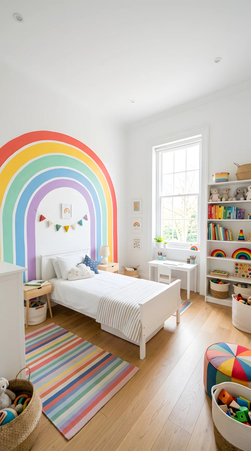 A wide-angle photograph of a child's bedroom featuring a rainbow arch accent wall, painted stripes in coral red (RGB 240,90,90), sunshine yellow (RGB 250,210,80), mint green (RGB 140,220,180), sky blue (RGB 110,180,230), and lavender (RGB 190,150,220), white simple bed and furniture, bright natural window light, playful vibrant colors, stock photography style, dramatic wide camera angle, neat and organized room