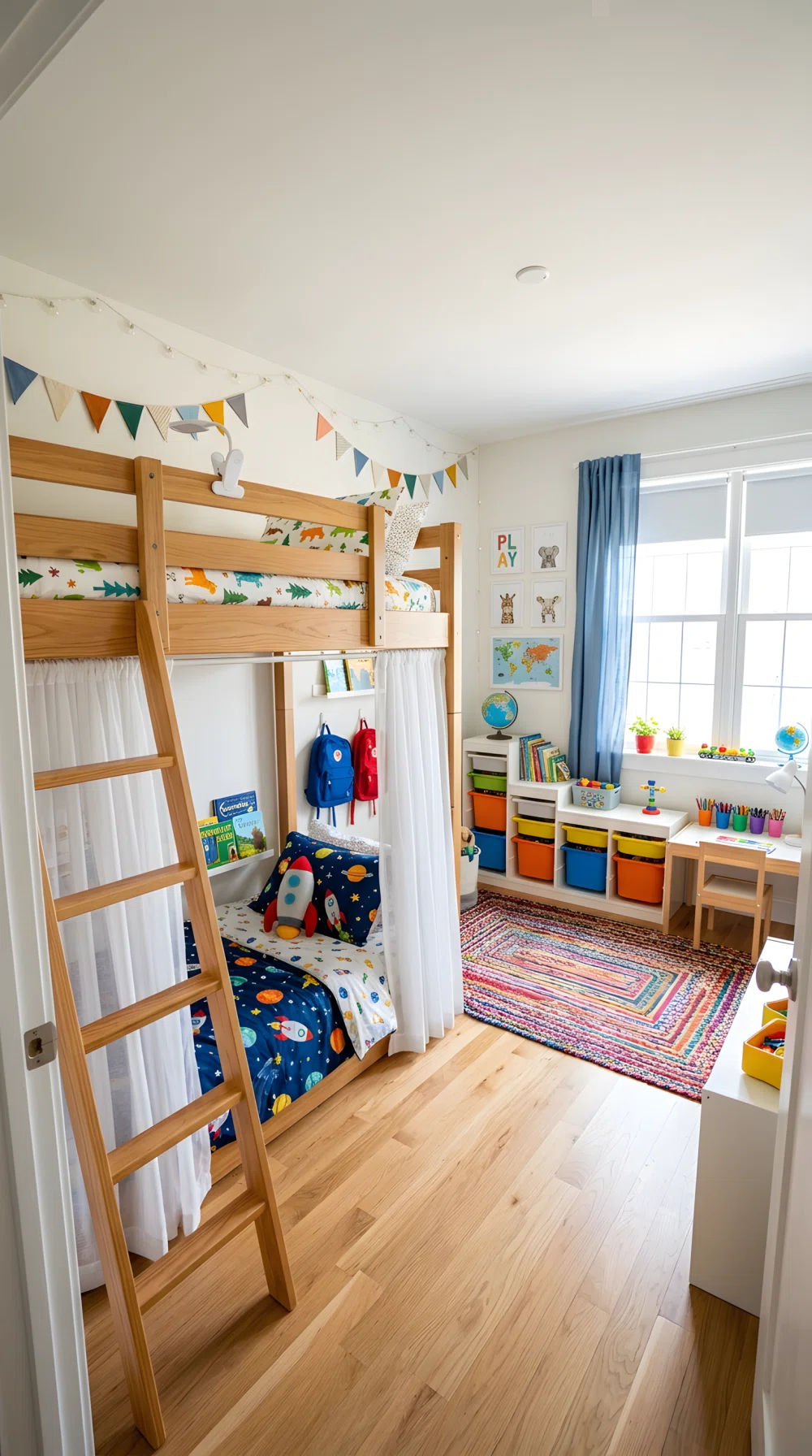 A wide-angle photograph of a shared kids bedroom with a wooden bunk bed, sheer curtain around the bottom bunk for privacy, clip-on reading light attached to the top bunk railing, two different colorful bedding patterns, bright natural window light, playful vibrant color accents, stock photography style, dramatic wide room angle, neatly made and organized