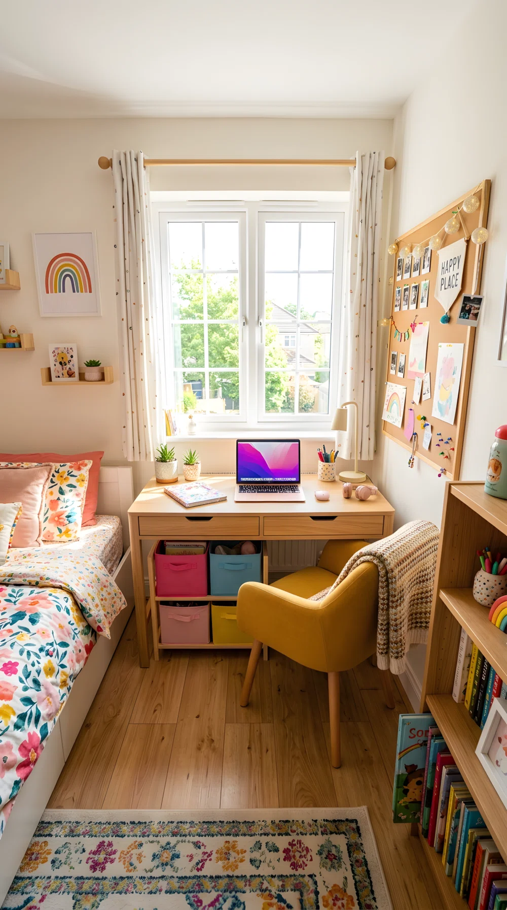 A wide-angle photograph of a small study nook in a girl's bedroom, compact wooden desk under a window, colorful storage bins, corkboard with playful decor, comfortable chair, bright natural daylight, neatly arranged supplies, playful vibrant accent colors, stock photography style, dramatic wide room angle, clean and organized