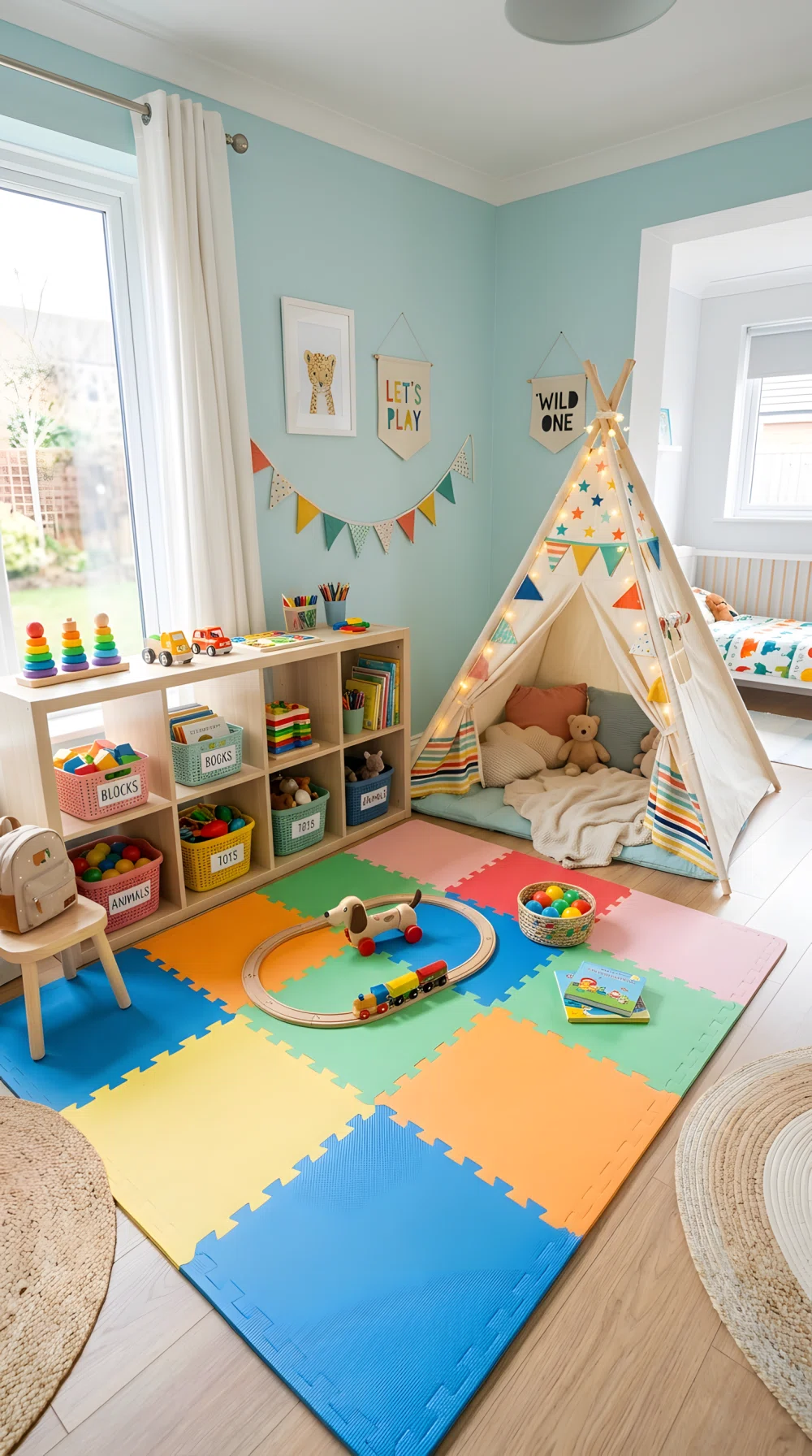 A wide-angle photograph of a toddler's bedroom play zone, padded floor mat in playful colors, small fabric teepee tent, low open wooden shelving with neatly arranged toys, soft natural light, bright cheerful color palette, stock photography style, dramatic wide room angle, clean and organized