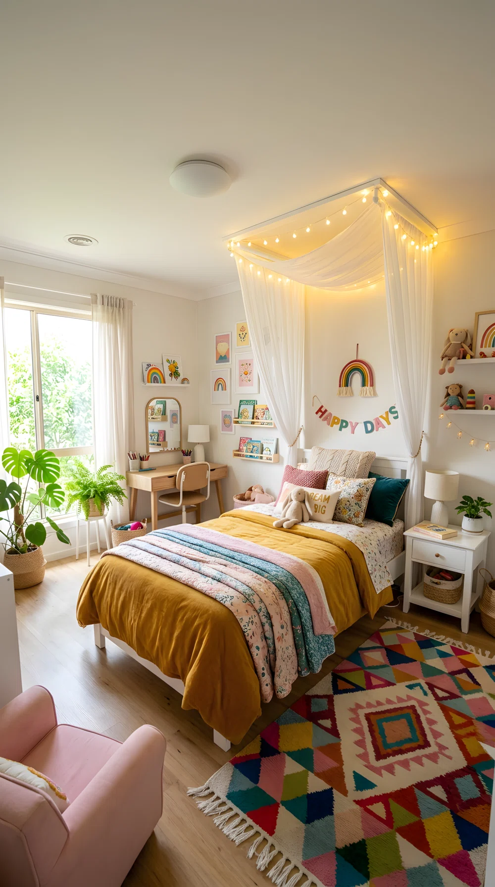 A wide-angle photograph of a girl's bedroom with a sheer canopy draped above the bed, warm white fairy lights strung along the top of the canopy frame casting a soft downward glow onto the pillows, cozy bedding, bright daytime natural light mixed with the warm fairy light glow, playful vibrant color accents, stock photography style, dramatic wide room angle, neatly made and organized