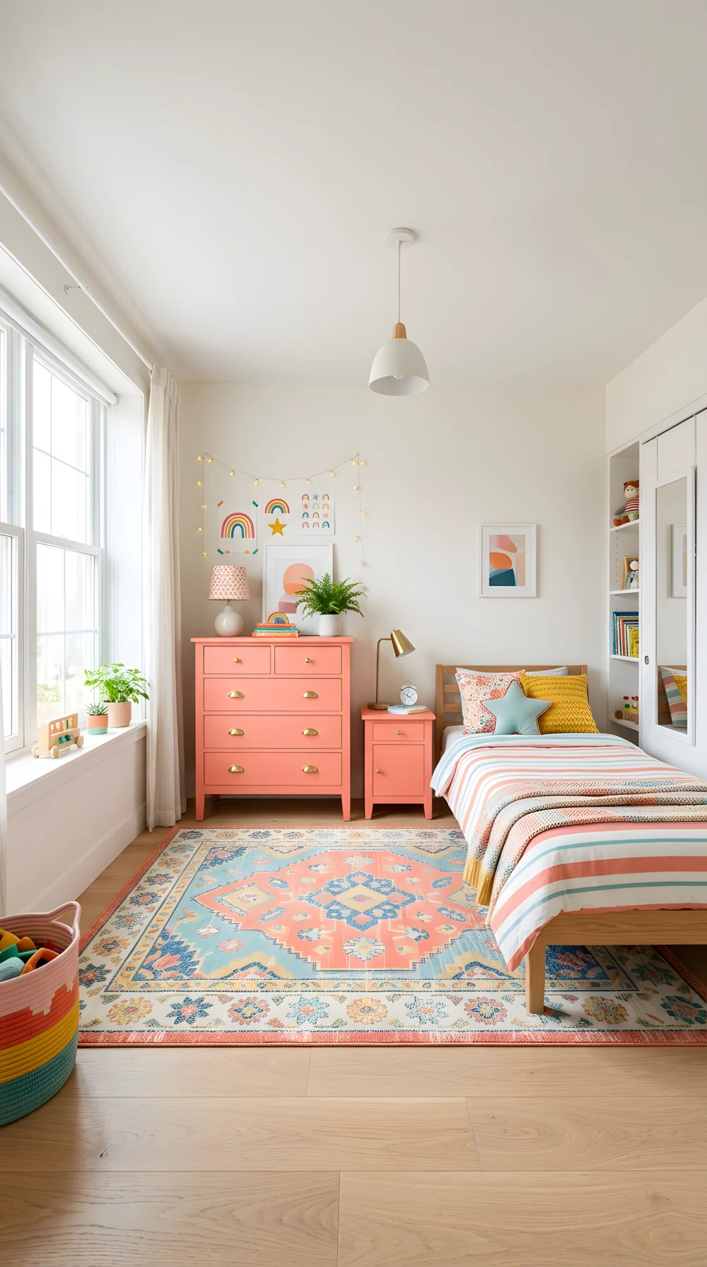 A wide-angle photograph of a girl's bedroom featuring a freshly painted dresser in soft coral (RGB 250,150,140) with brass drawer knobs, matching nightstand, simple bed nearby, bright natural window light, playful vibrant color accents, stock photography style, dramatic wide room angle, clean and organized