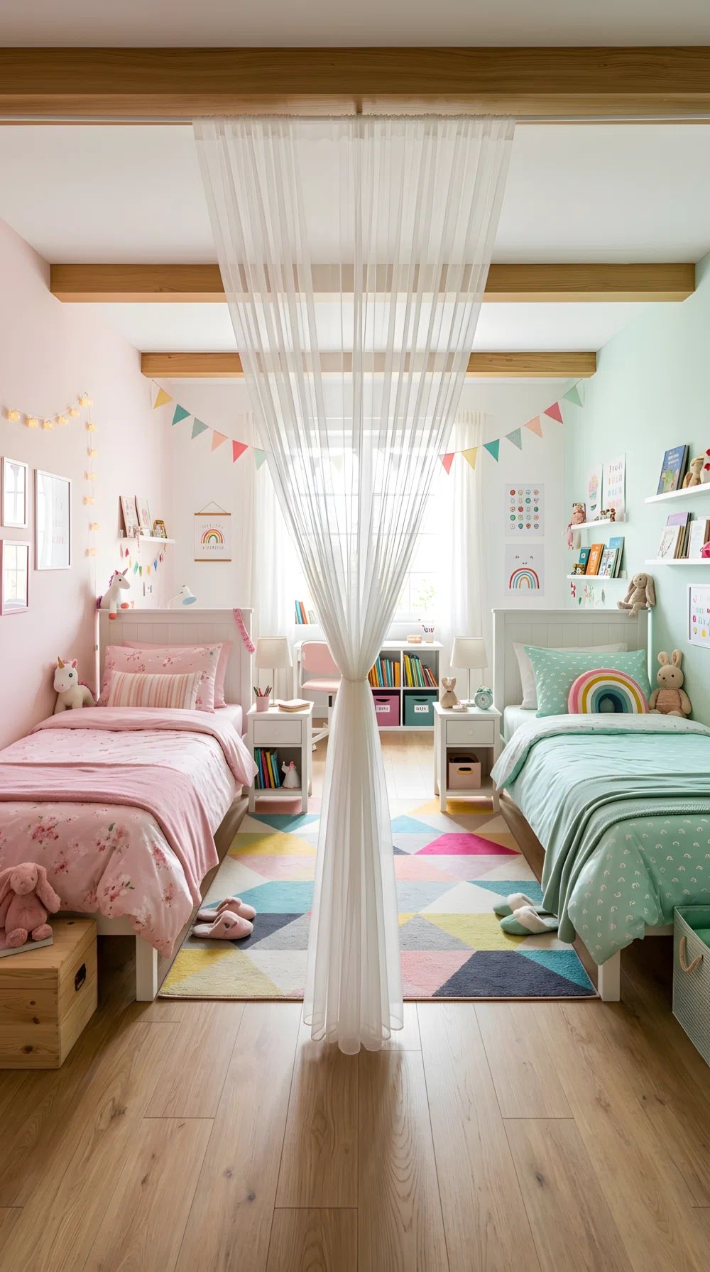 A wide-angle photograph of a shared sisters bedroom, two twin beds on opposite walls, sheer hanging curtain divider between them, one side styled in soft pink bedding and the other in mint green bedding, bright natural daylight, playful vibrant colors, stock photography style, dramatic wide room angle, neatly made and organized