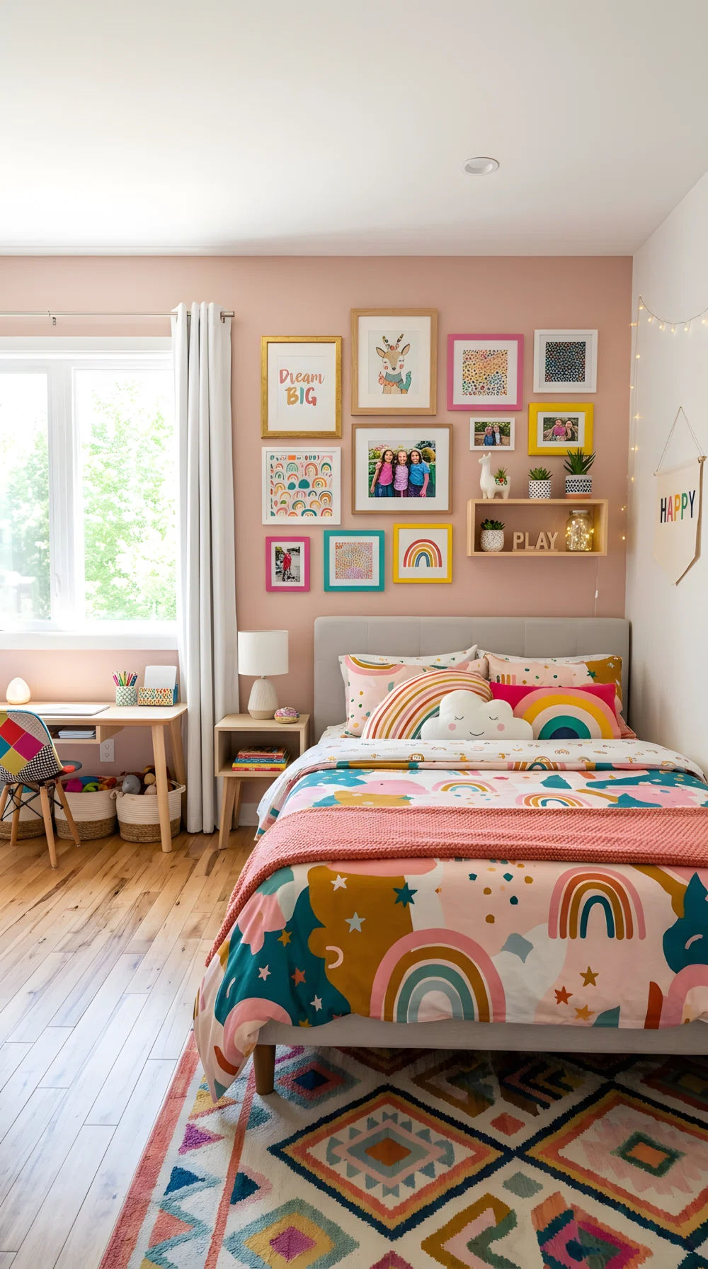 A wide-angle photograph of a girl's bedroom featuring a gallery wall above the headboard with mixed frame sizes displaying colorful art prints and photos, a small floating shelf with decorative trinkets, bright natural window light, playful vibrant accent colors, stock photography style, dramatic wide room angle, clean and organized