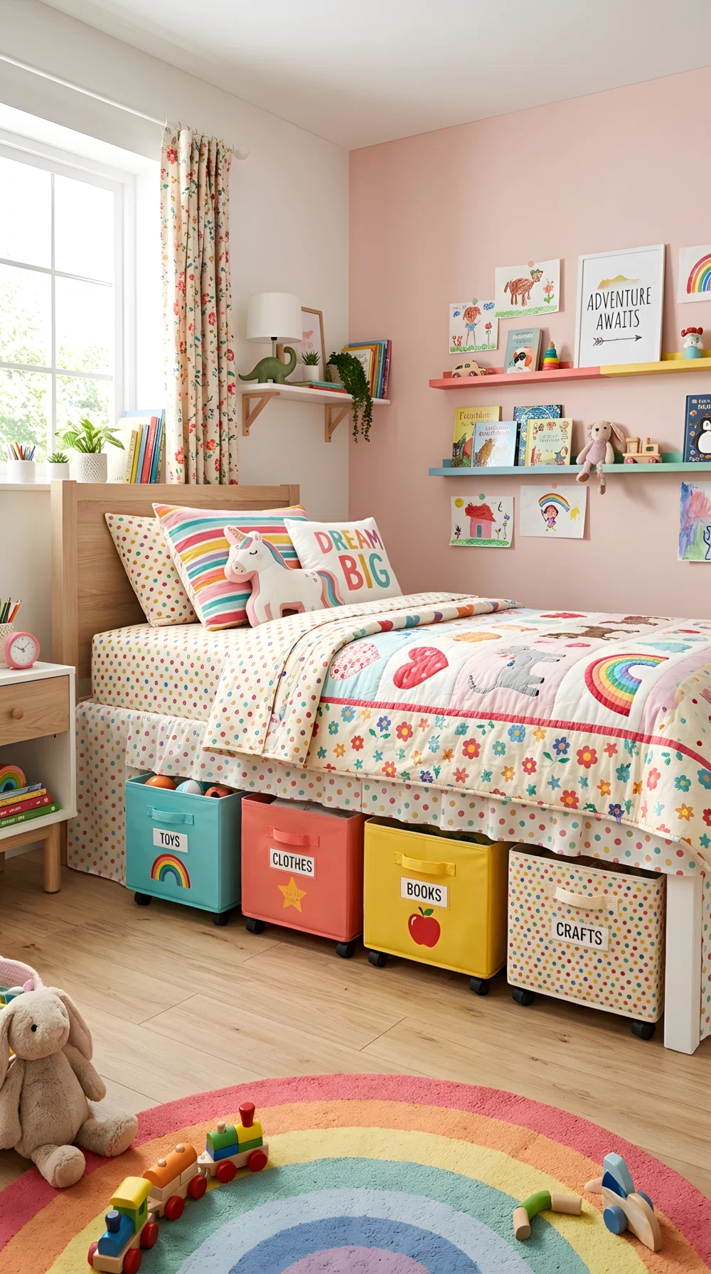 A wide-angle photograph of a girl's bedroom with rolling fabric storage bins tucked neatly under the bed frame, colorful labeled bins, patterned bed skirt, bright natural daylight, playful vibrant color accents, stock photography style, dramatic wide room angle, neatly arranged and organized