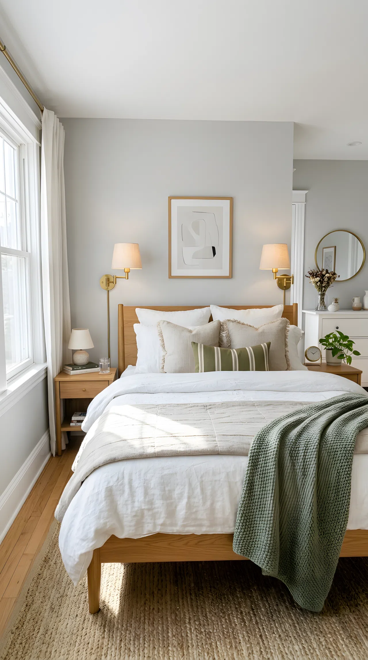 A bright bedroom with light gray walls (RGB 211,211,211) and crisp white trim (RGB 245,245,245), soft natural window light falling diagonally across a neatly styled bed with linen bedding, brass wall sconces positioned at eye level beside the headboard, wide eye-level camera angle capturing the full room, realistic photography style, vibrant natural tones, Pinterest-inspiring interior photo.