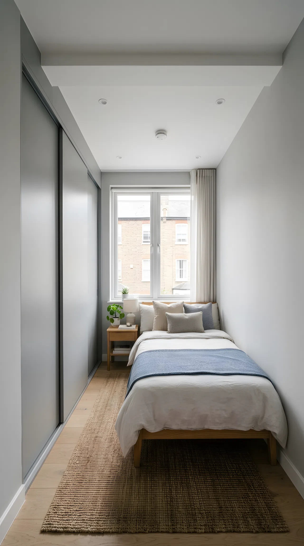 A small bedroom with a full-height matte grey sliding wardrobe along one wall, doors closed and seamlessly blending with the wall color, a compact bed positioned opposite, soft ambient light from a nearby window, wide eye-level angle capturing the full room and wardrobe, realistic photography, clean vibrant tones.