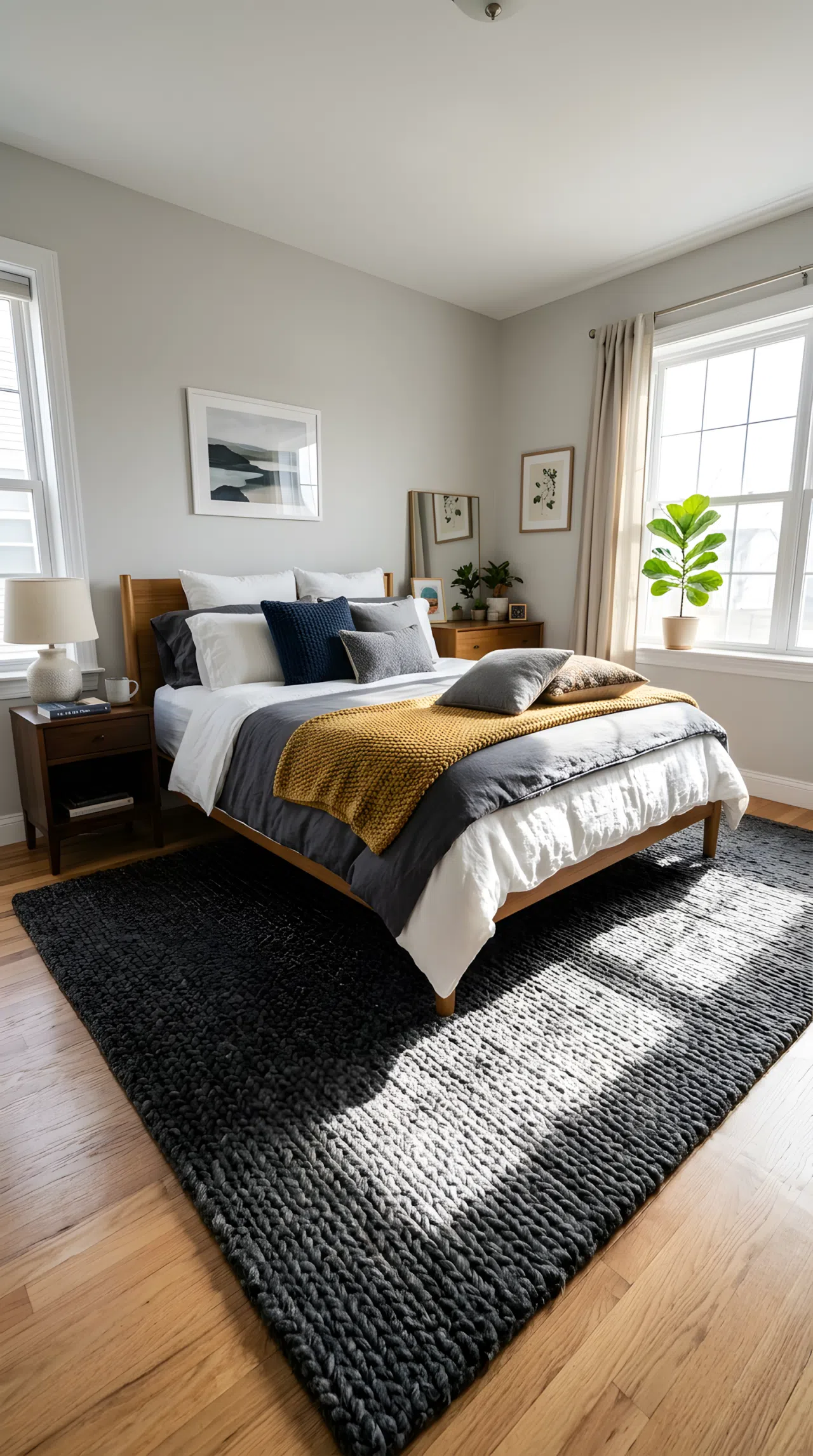 A bedroom with light grey walls and a chunky woven charcoal grey rug (RGB 90,90,90) beneath the bed, natural light spilling across the textured rug fibers from a side window, neatly styled bed above, wide eye-level angle capturing the full floor and room, realistic photography, vibrant grounded tones.