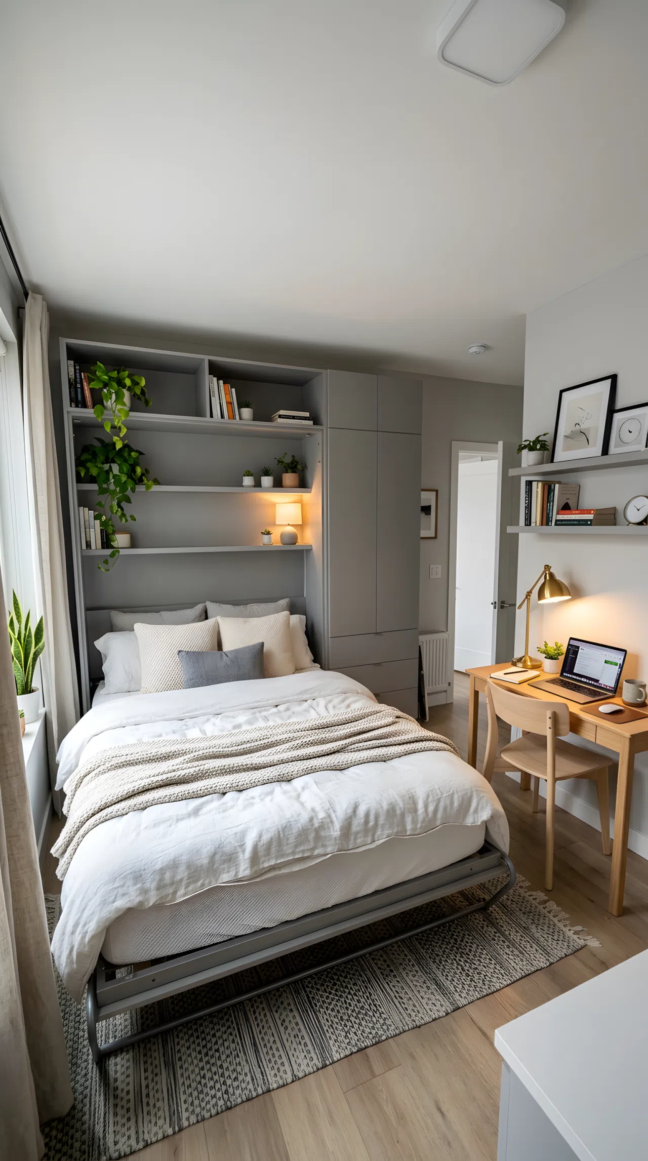 A small room with a grey matte Murphy bed cabinet folded down and made up with soft bedding, cabinetry blending into a light grey wall, a desk visible to the side of the room, warm ambient light from a desk lamp, wide eye-level shot showing the full multifunctional room, realistic photography, vibrant clean tones.