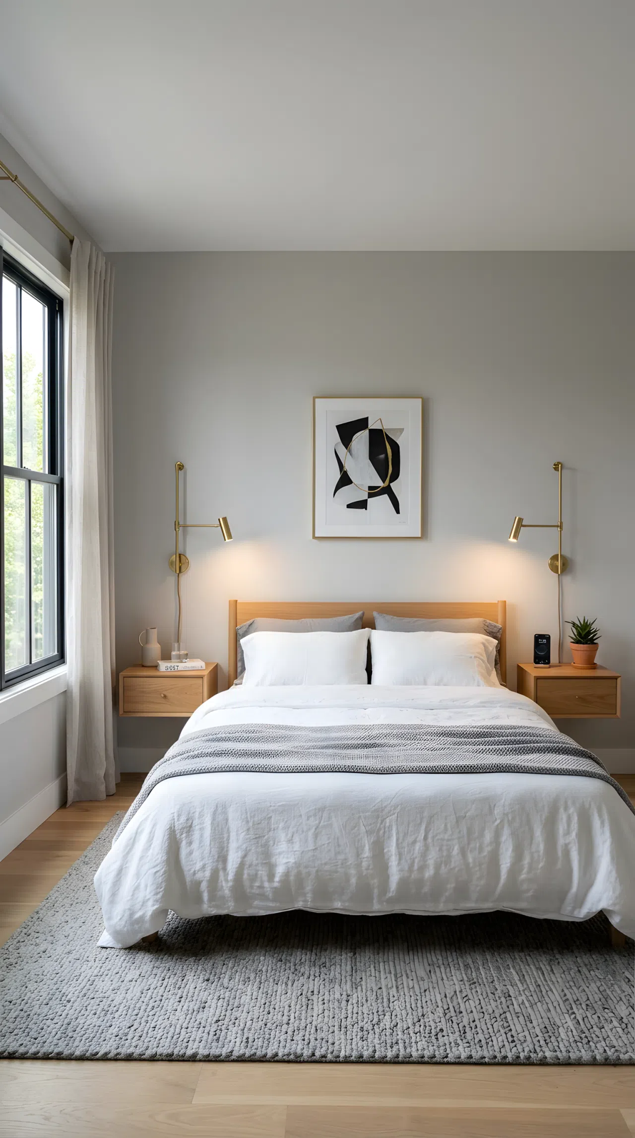 A modern bedroom with light grey walls, two floating wood nightstands mounted on either side of the bed, slim brass wall sconces positioned above each nightstand casting focused downward light, wide eye-level camera angle showing the full wall and bed, realistic photography, vibrant minimalist tones.