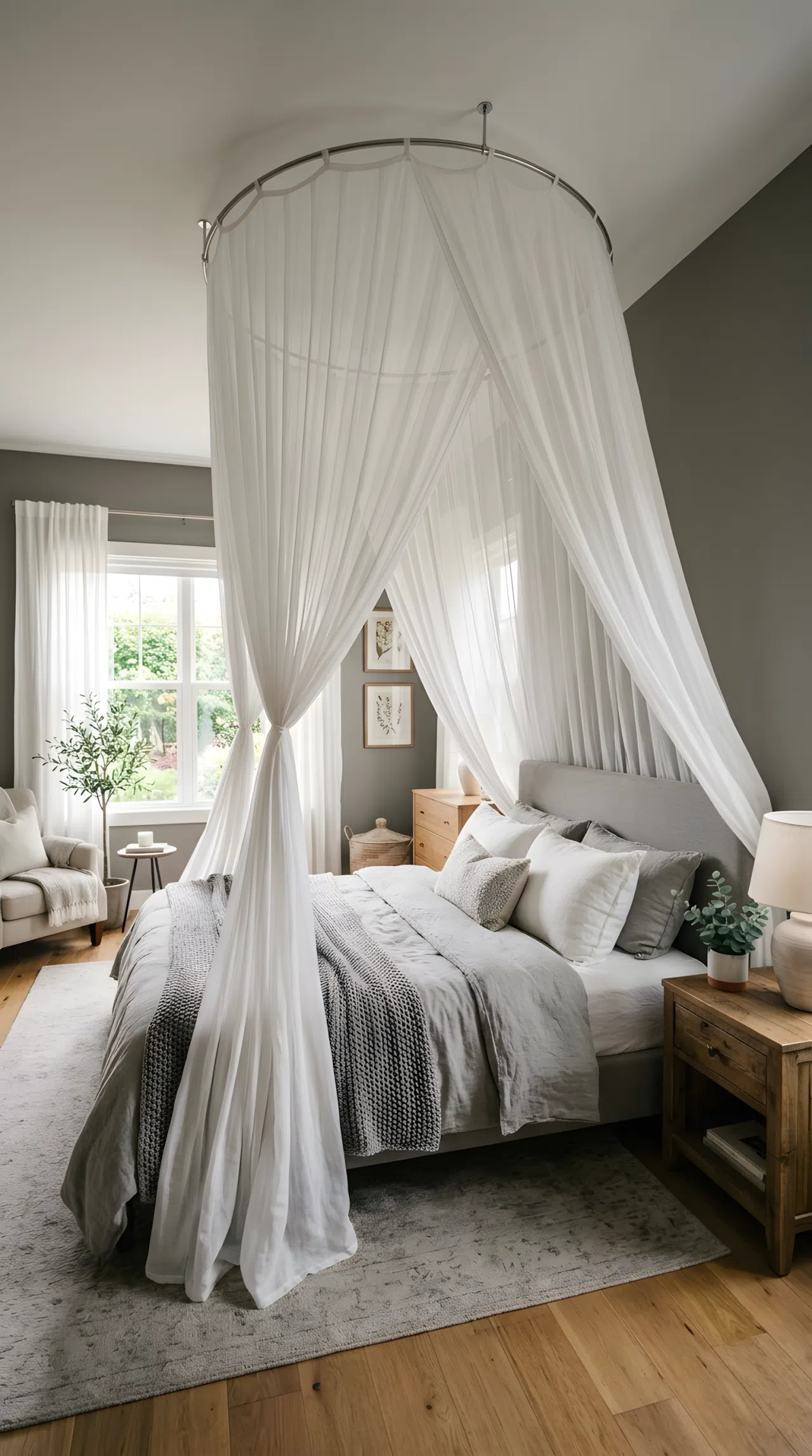 A cozy grey bedroom with sheer white canopy drapery hanging loosely from the ceiling around the bed, soft natural light diffusing through the sheer fabric, neatly arranged pillows below, wide eye-level angle capturing the full canopy and room, realistic photography, soft vibrant dreamy tones.