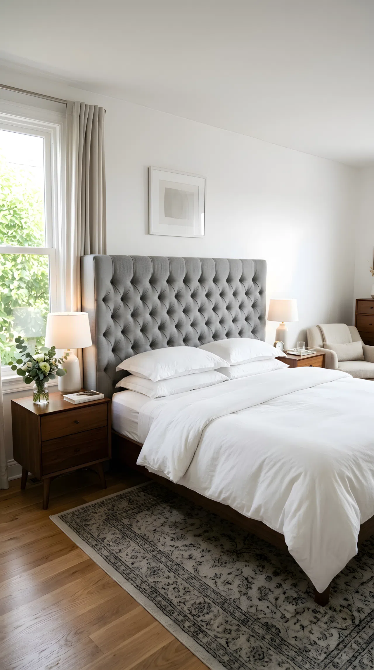 A bedroom with a large button-tufted mid grey fabric headboard (RGB 130,130,130) against a white wall, crisp white bedding layered on the bed, soft natural light falling across the tufted texture from a nearby window, wide eye-level shot showing the full headboard and room, realistic photography, vibrant elegant tones.
