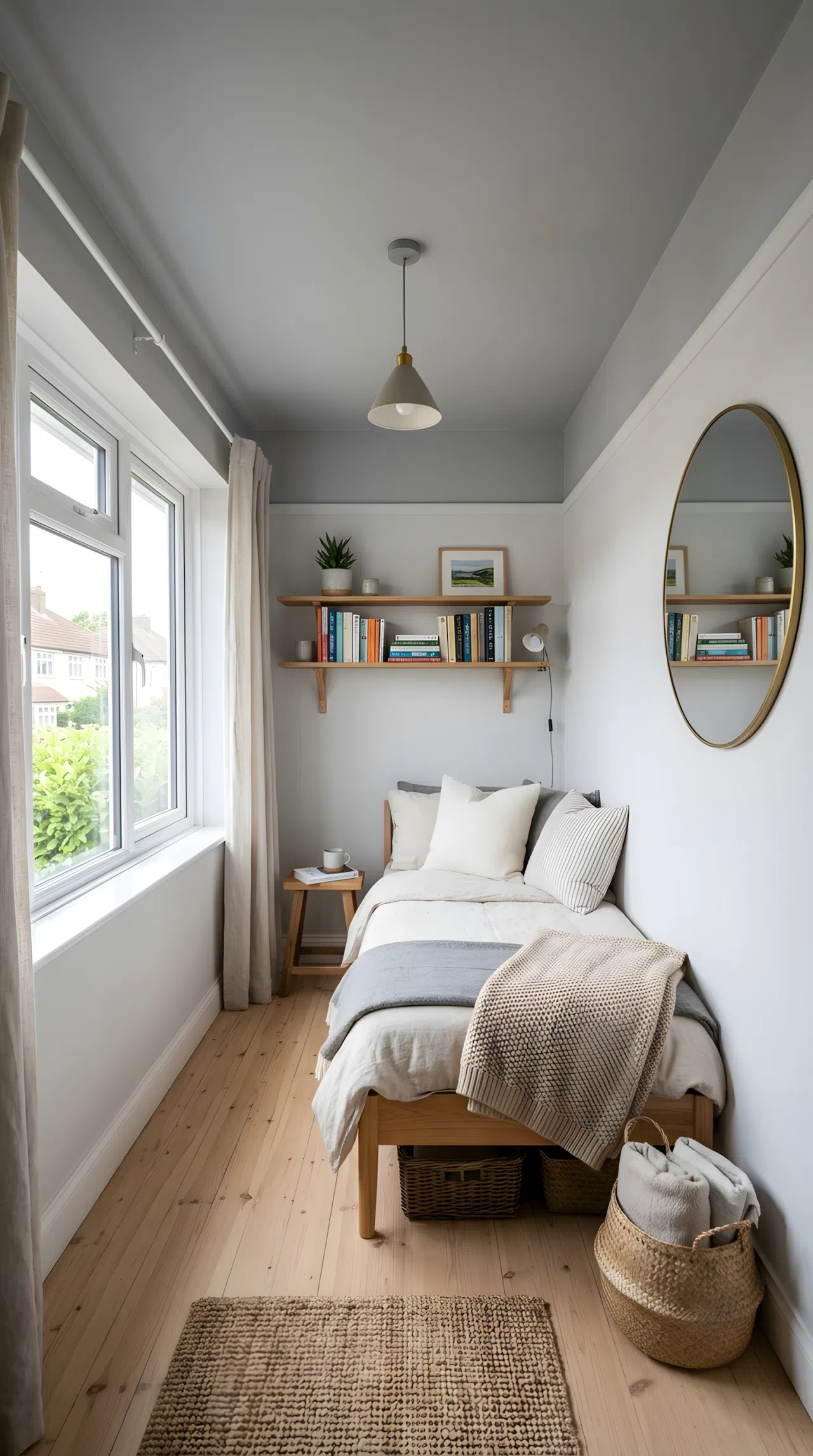 A compact guest bedroom with pale grey walls and ceiling, a slim daybed with folded throw blanket, a round mirror hung opposite a window reflecting daylight deeper into the room, floating wall shelf styled with books, wide eye-level shot showing the full small room, realistic photography, bright airy atmosphere.