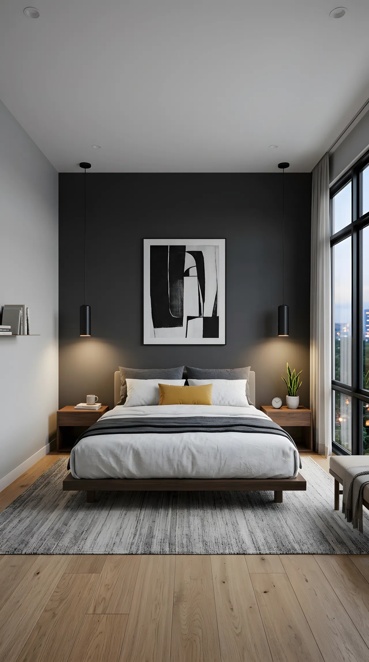 A modern bedroom with one charcoal grey accent wall (RGB 54,54,54) behind a low platform bed, surrounding walls in soft light grey, matte black pendant lights hung on either side of the headboard casting focused downward light, wide eye-level camera angle, realistic architectural photography, rich vibrant contrast.