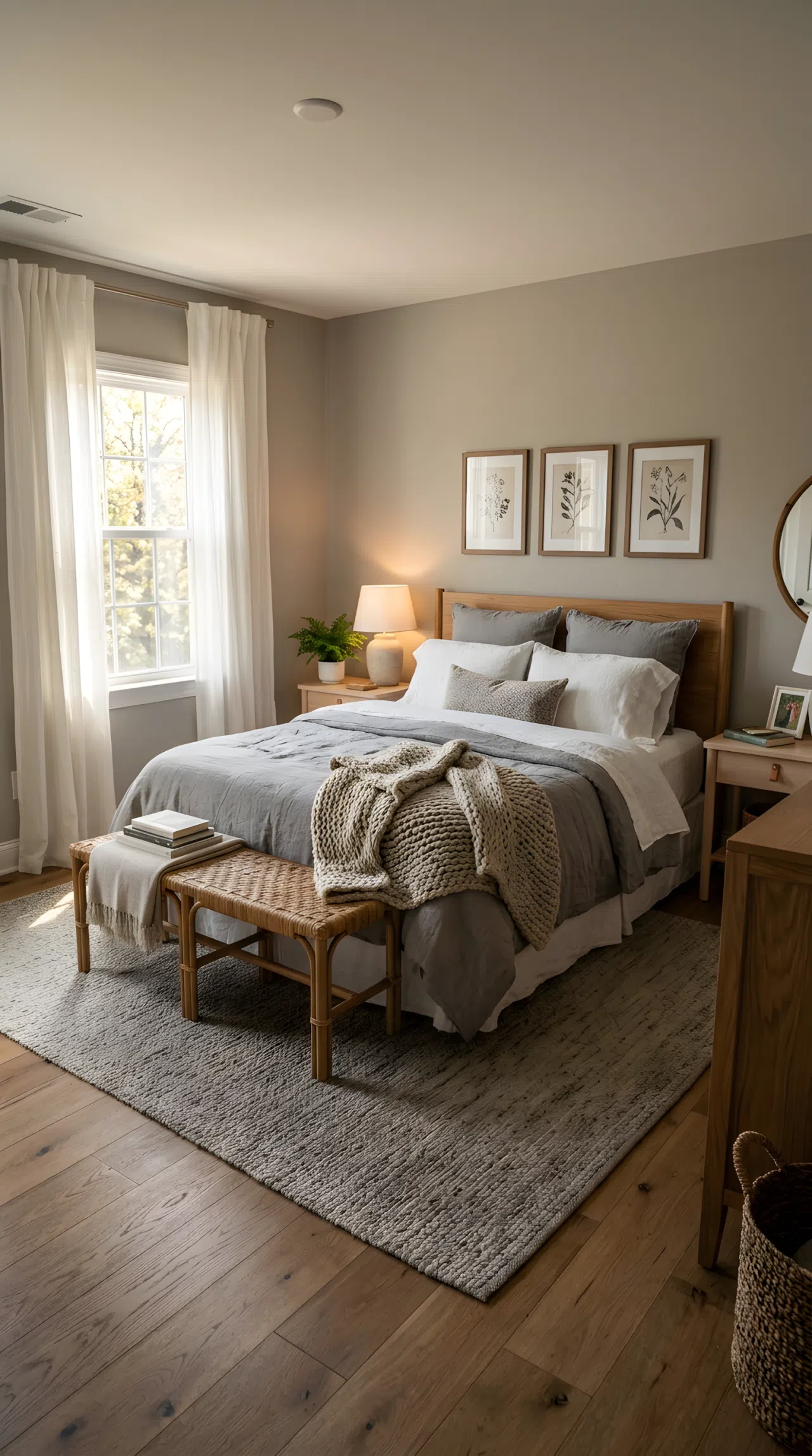 A cozy grey bedroom with layered linen duvet, chunky knit throw folded at the foot of the bed, woven bench, soft flowing curtains catching afternoon light from a side window, textured low pile rug on the floor, wide eye-level shot of the full room, realistic photography, warm inviting tones.
