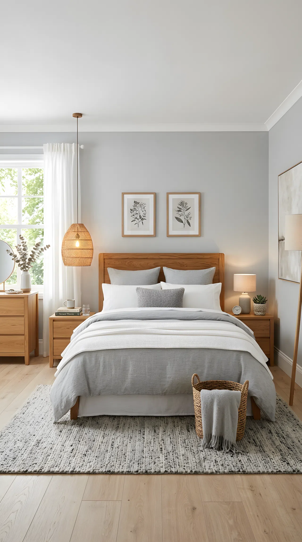 A white and grey bedroom with an oak wood headboard and matching oak nightstands, white and light grey layered bedding, a woven pendant light hanging above the nightstand casting warm ambient light, wide eye-level angle showing the full room, realistic photography, natural vibrant wood tones against soft neutrals.