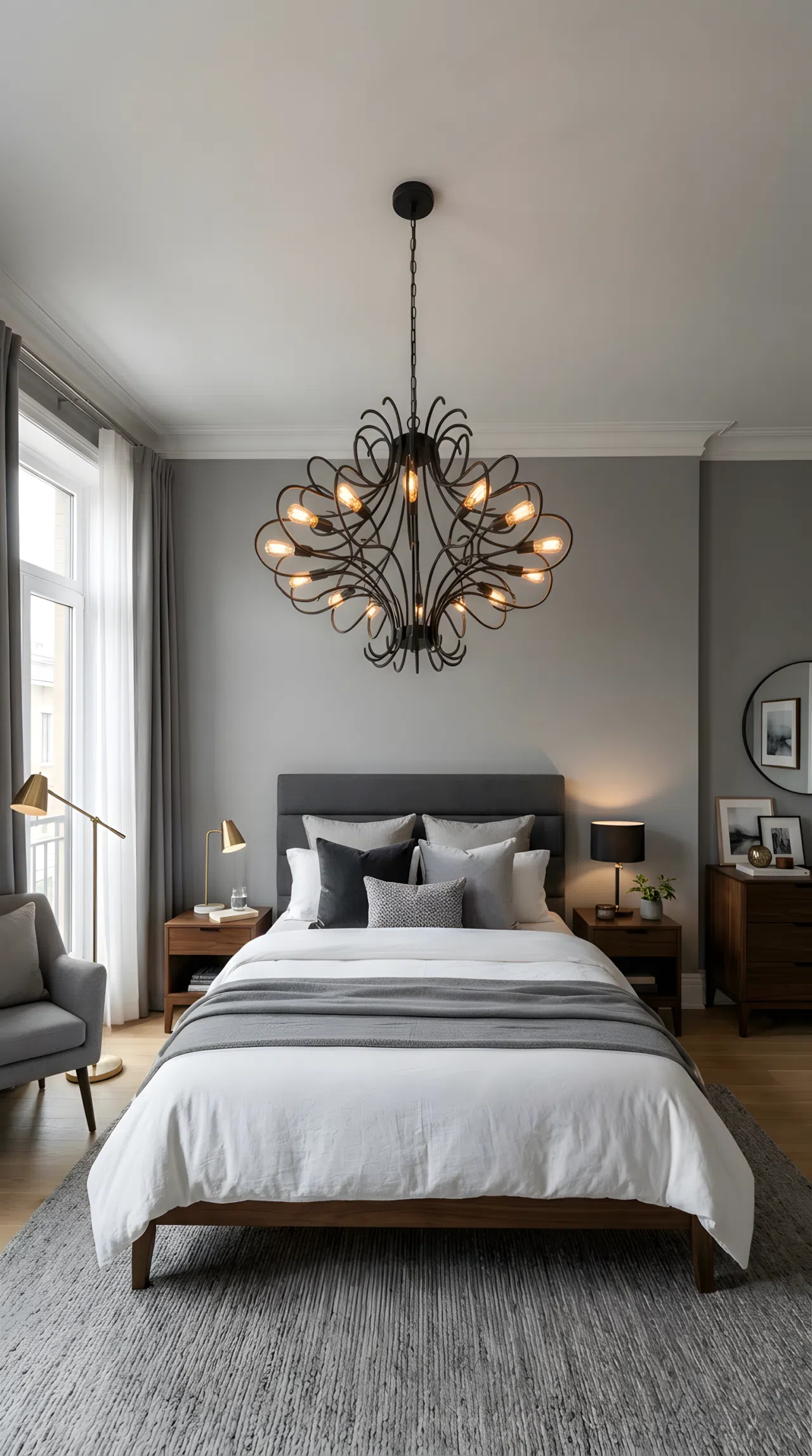 A grey bedroom with a sculptural black metal chandelier hanging centered above the bed at headboard height, mid grey walls (RGB 158,158,158), light filtering softly from the chandelier downward onto neatly arranged pillows, wide eye-level camera angle capturing the full ceiling and room, realistic photography, vibrant sophisticated tones.