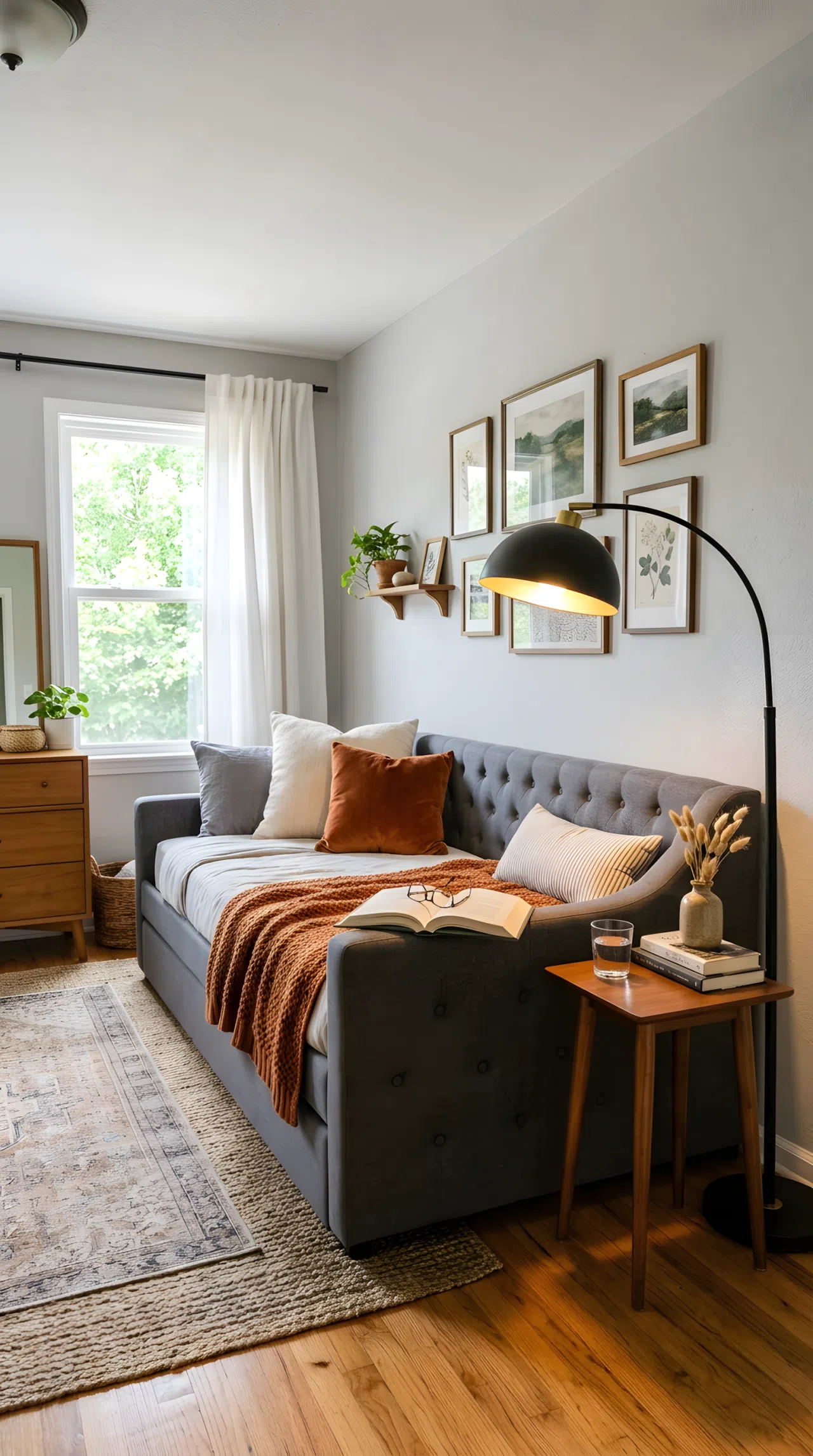A guest bedroom with a grey tufted daybed sofa against a light grey wall, slim wooden side table, an arched floor lamp positioned beside the daybed casting warm light downward onto an open book, wide eye-level shot showing the full room layout, realistic photography, bright natural daylight, vibrant cozy tones.