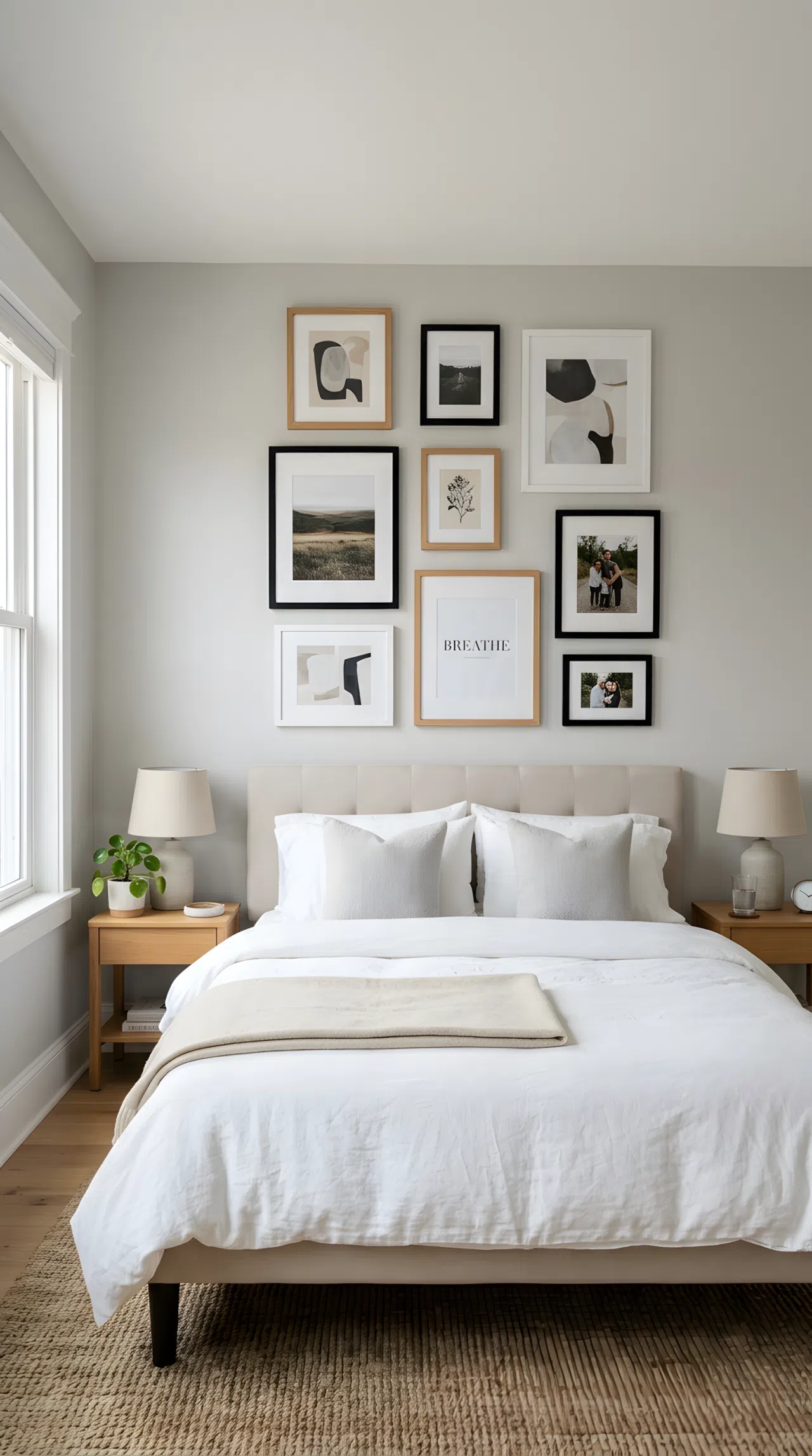 A bedroom with light grey walls and a gallery wall of eight mixed black, white, and wood picture frames arranged above the headboard, soft window light falling across the frames from the side, neatly made bed below, wide eye-level angle showing the full wall composition, realistic photography, vibrant natural tones.