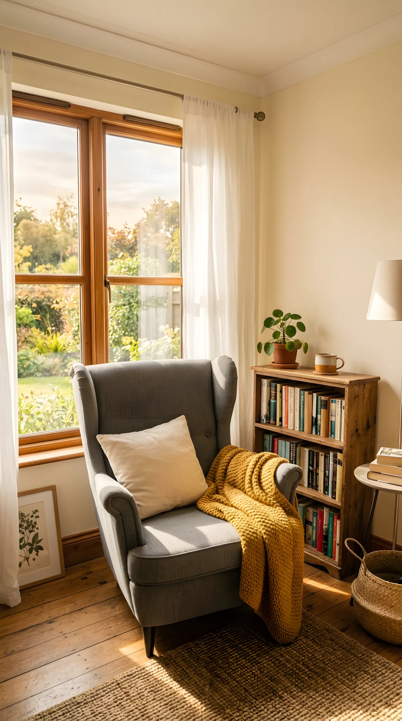 A cozy bedroom corner with a grey upholstered armchair beside a window, folded throw blanket draped over the armrest, small wooden bookshelf beside the chair, morning natural light streaming directly onto the seat, wide eye-level shot including the window and full corner, realistic photography, warm vibrant tones.