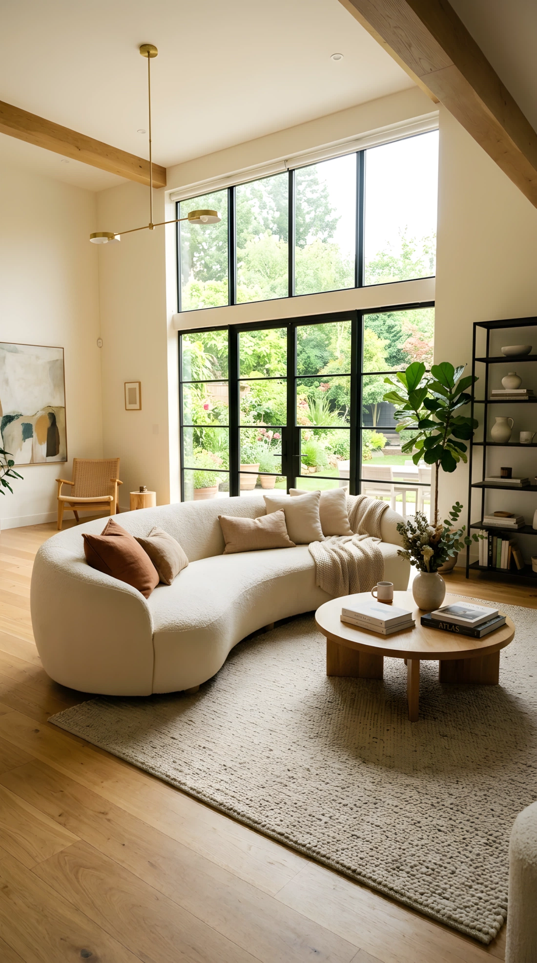 Wide-angle real-life photo of a spacious living room with a large curved cream bouclé sofa as the focal point, low round wood coffee table in front, soft neutral rug underneath, tall windows letting in bright natural daylight, dramatic wide camera angle capturing the full room from a low corner perspective, vibrant warm tones, photographic stock-photo style, no illustration.
