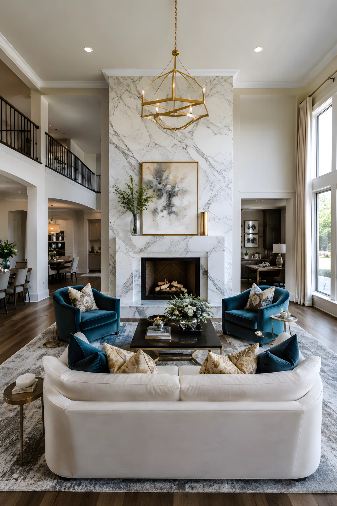 Wide-angle real-life photo of a large open-concept living room with a white and grey veined marble fireplace as the central anchor, two matching armchairs and a sofa arranged in a semicircle facing it, wide camera angle showing the full room layout and clear walking paths, bright natural light from large windows, vibrant and rich color palette, photographic stock-photo style, dramatic wide perspective, no illustration.
