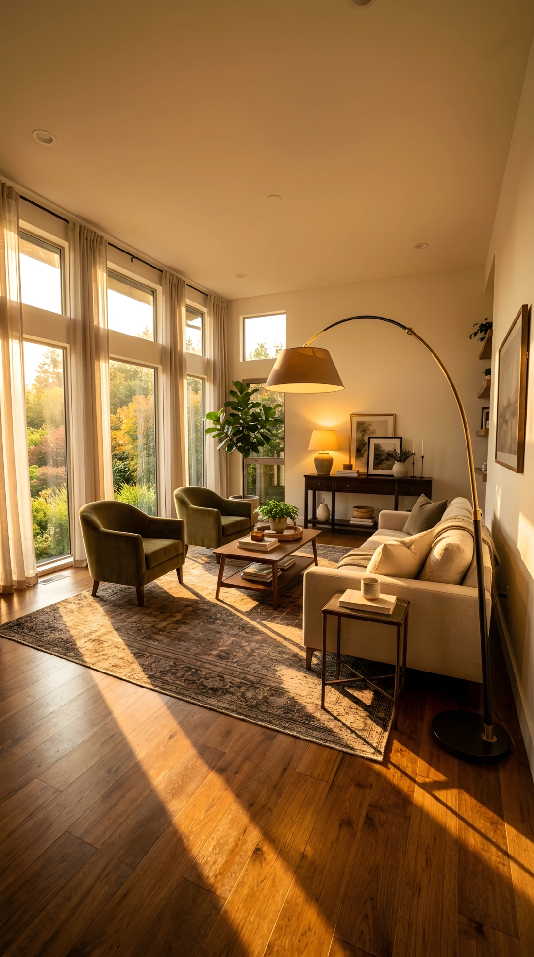 Wide-angle real-life photo of an elegant living room at golden hour, light sources positioned at three different heights: a tall arc floor lamp beside the sofa casting light downward, a warm table lamp glowing on a console against the side wall, and low-angle natural sunlight streaming through sheer curtains from large windows on the left, creating layered pools of warm light across the room, dramatic wide camera angle showing how the light falls across furniture and floor, vibrant golden tones, photographic stock-photo style, no illustration.