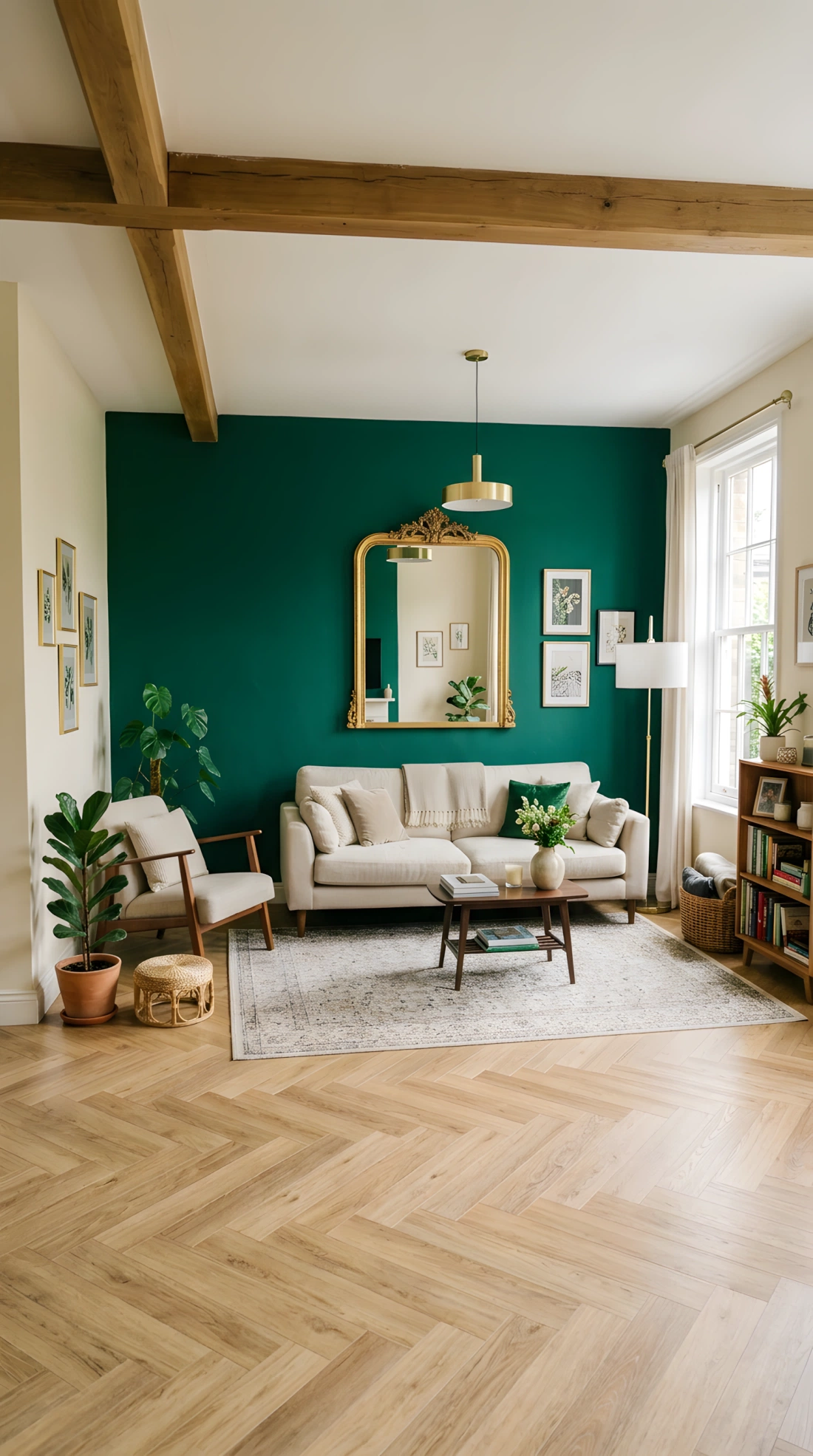 Wide-angle real-life photo of a living room with one deep emerald green accent wall (RGB 6, 78, 59) behind a light beige linen sofa, gold-framed mirror on the wall, warm brass floor lamp in the corner, natural light from a side window, dramatic wide camera angle capturing the contrast between the emerald wall and neutral furniture, vibrant saturated color on the wall, photographic stock-photo style, no illustration.