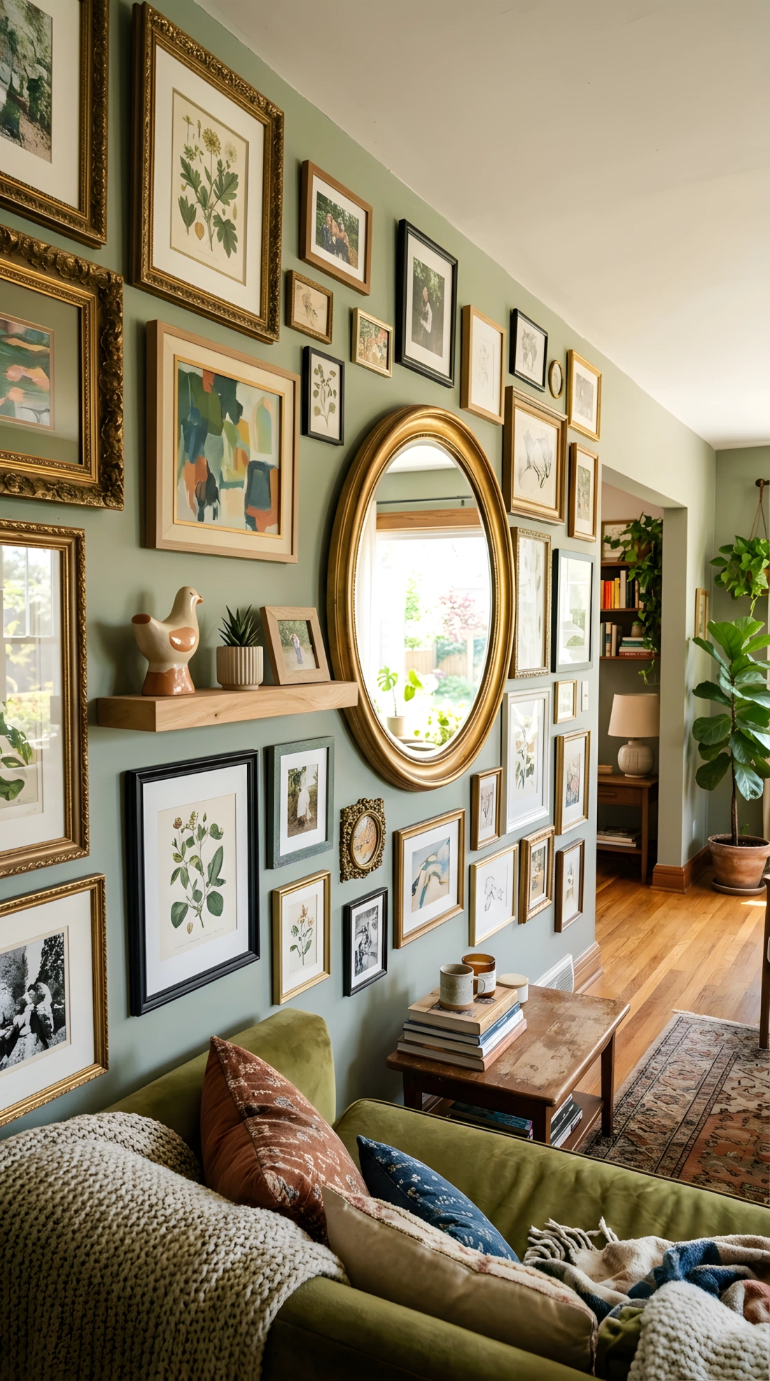 Wide-angle real-life photo of a living room wall styled with an eclectic gallery arrangement of mismatched wood and gold frames, one large oversized round mirror reflecting the window light, a small ceramic sculpture on a floating shelf nearby, sofa visible in the foreground, bright natural daylight bouncing off the mirror, dramatic wide camera angle showing the full wall composition and room depth, vibrant and rich tones, photographic stock-photo style, no illustration.