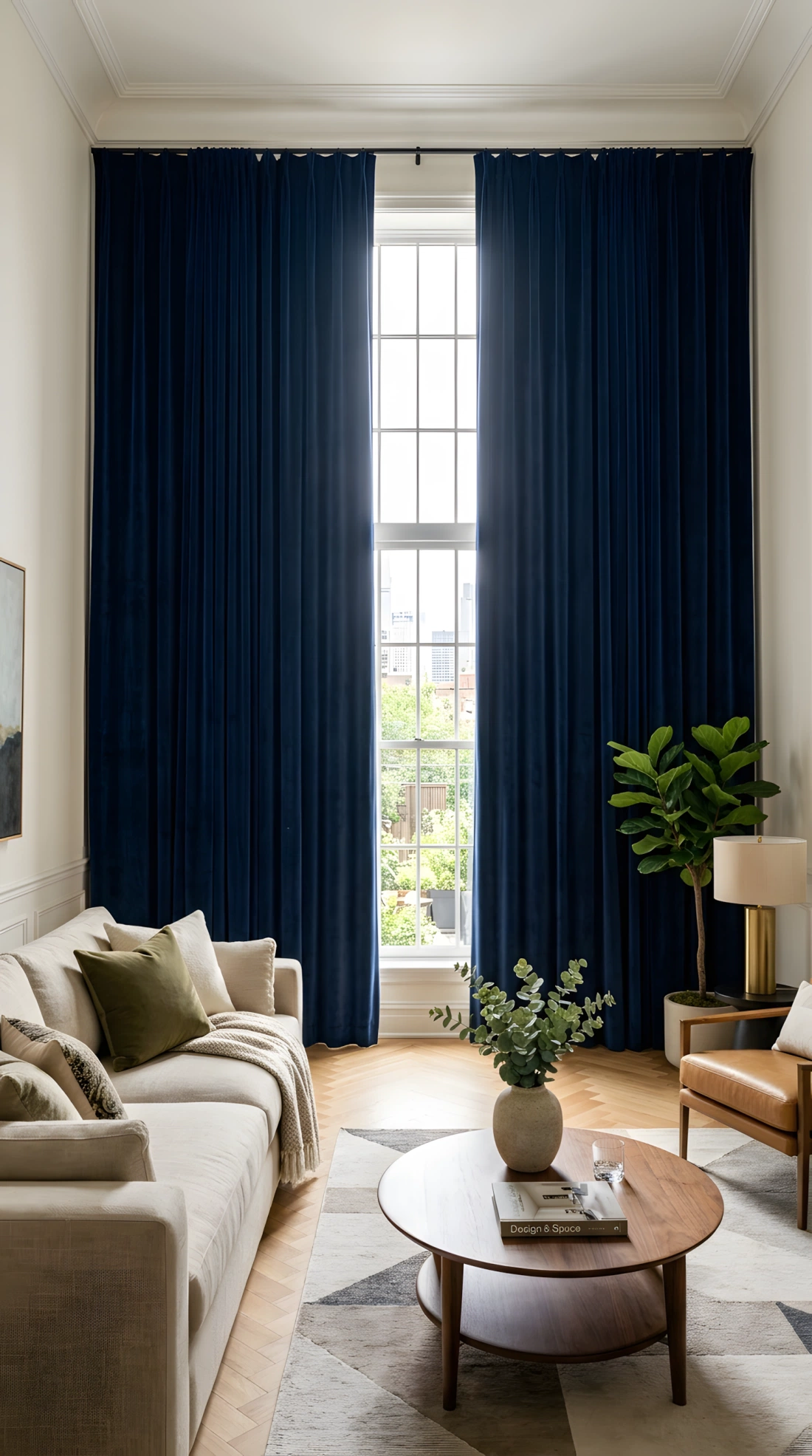 Wide-angle real-life photo of a living room with floor-to-ceiling deep navy velvet curtains (RGB 21, 33, 61) framing a large window, curtains mounted close to the ceiling to exaggerate height, soft natural daylight filtering through a gap in the drapery, neutral sofa visible in the foreground, dramatic wide camera angle showing the full height of the window treatment, vibrant rich fabric texture, photographic stock-photo style, no illustration.