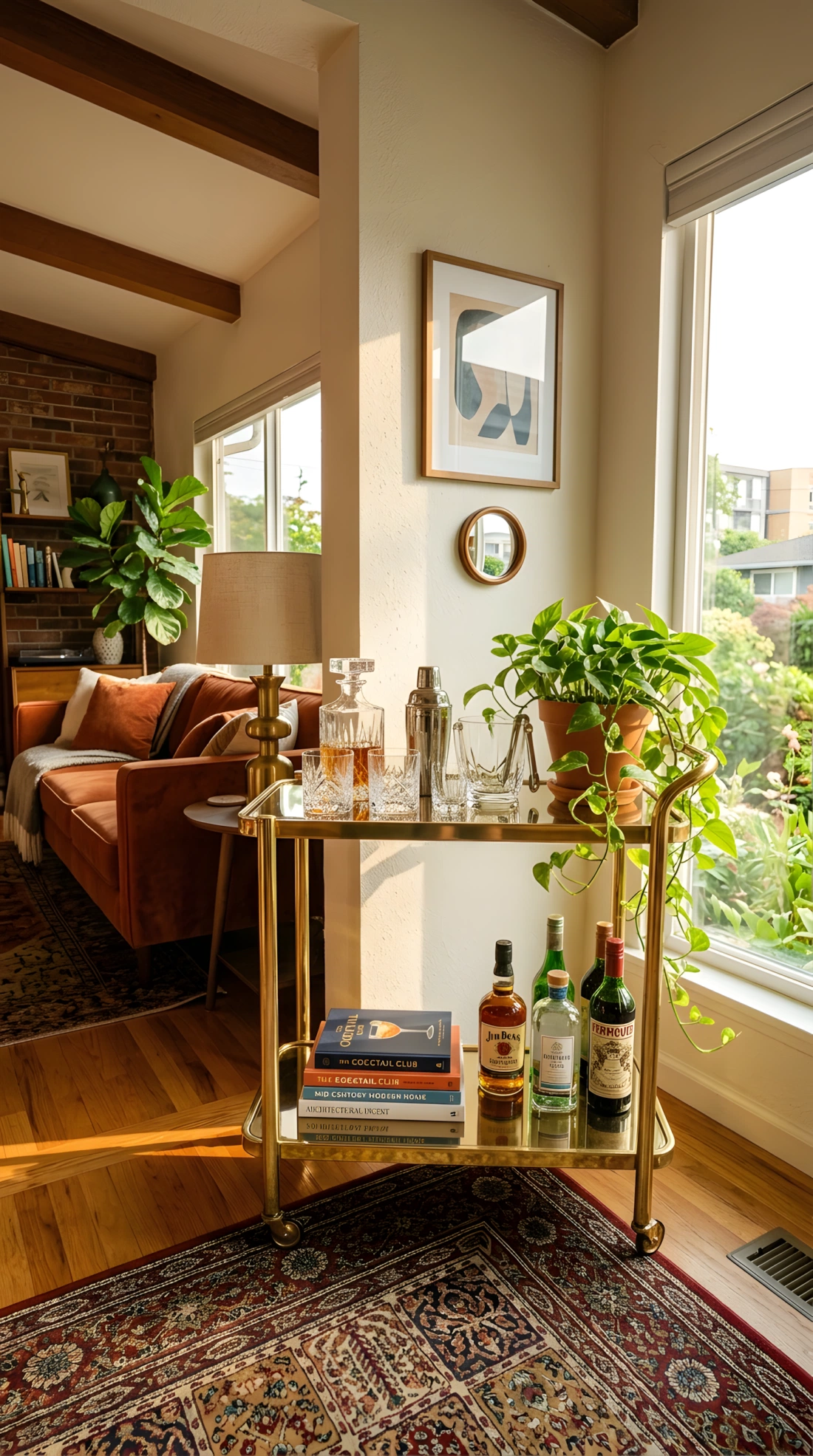 Wide-angle real-life photo of a living room corner styled with a brass bar cart holding crystal glassware, a small potted trailing plant, and a stack of coffee table books underneath, warm afternoon light hitting the metal finish and creating subtle reflections, dramatic wide camera angle showing the corner in context with the rest of the room, vibrant warm tones, photographic stock-photo style, no illustration.