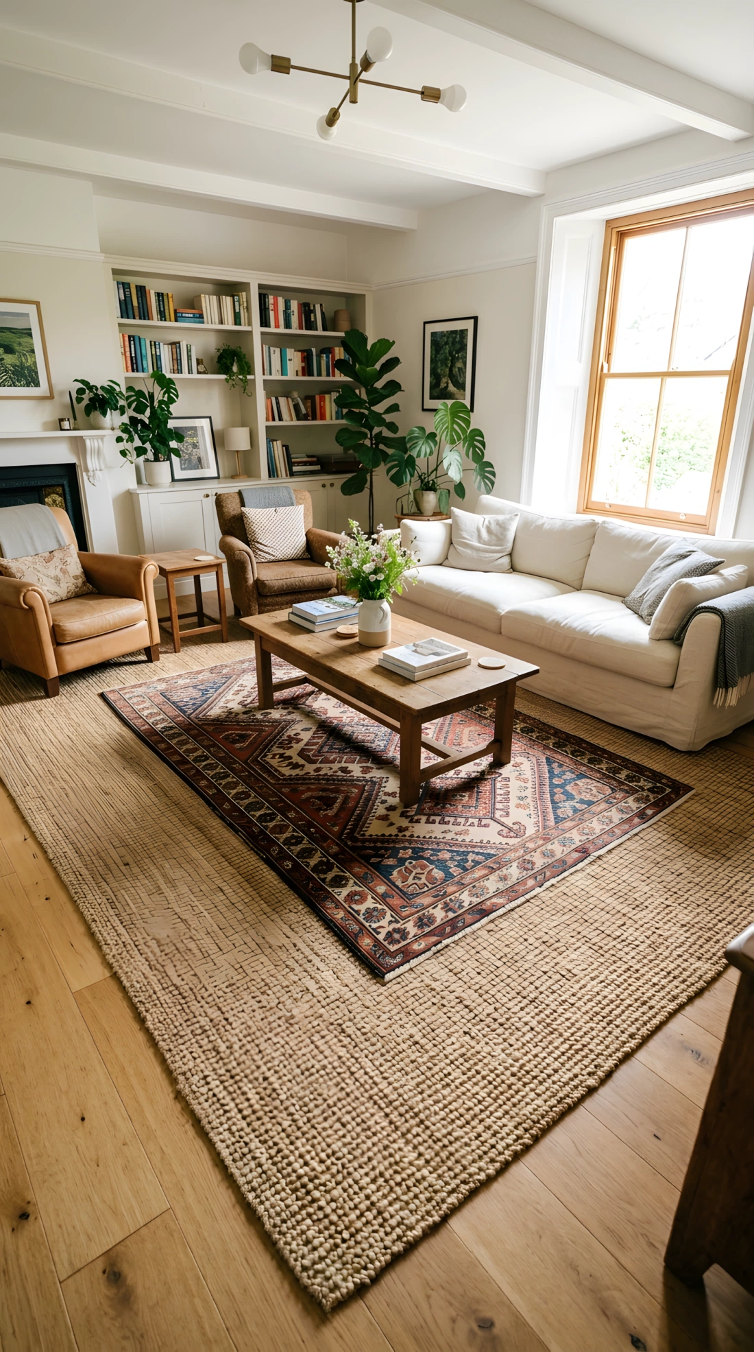 Wide-angle real-life photo of a spacious living room floor with a large woven jute rug as the base layer and a smaller patterned wool rug layered on top under a coffee table, sofa and armchairs arranged around the layered rugs, bright natural light from a nearby window highlighting the texture contrast, dramatic wide camera angle capturing the full floor layout from a low corner, vibrant natural tones, photographic stock-photo style, no illustration.
