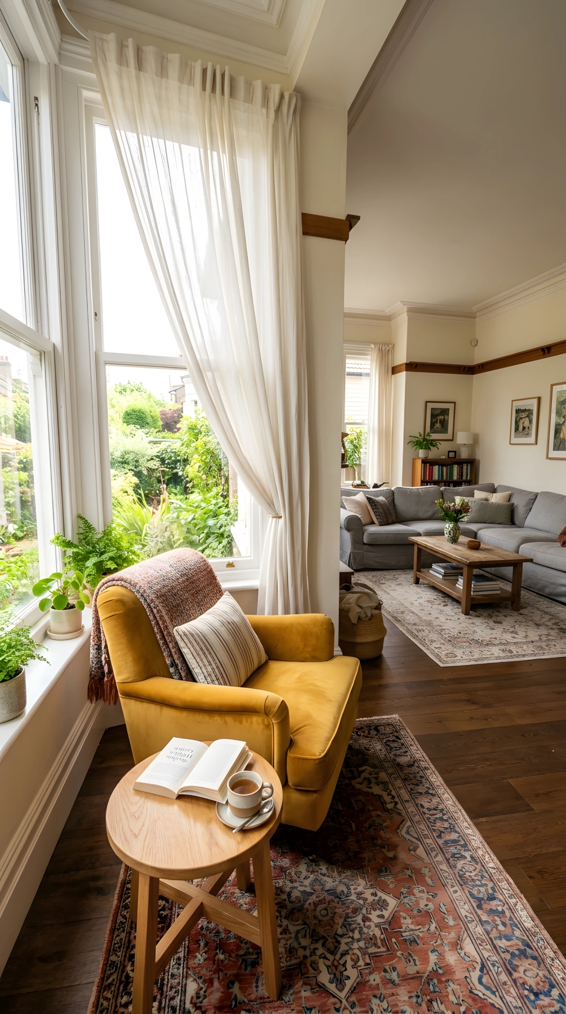 Wide-angle real-life photo of a living room window nook with a single upholstered mustard velvet armchair angled toward a large window, small round wood side table beside it holding a book and a cup of tea, soft sheer curtain filtering bright natural light, main seating area visible in the background, dramatic wide camera angle showing the nook within the larger room, vibrant warm color, photographic stock-photo style, no illustration.