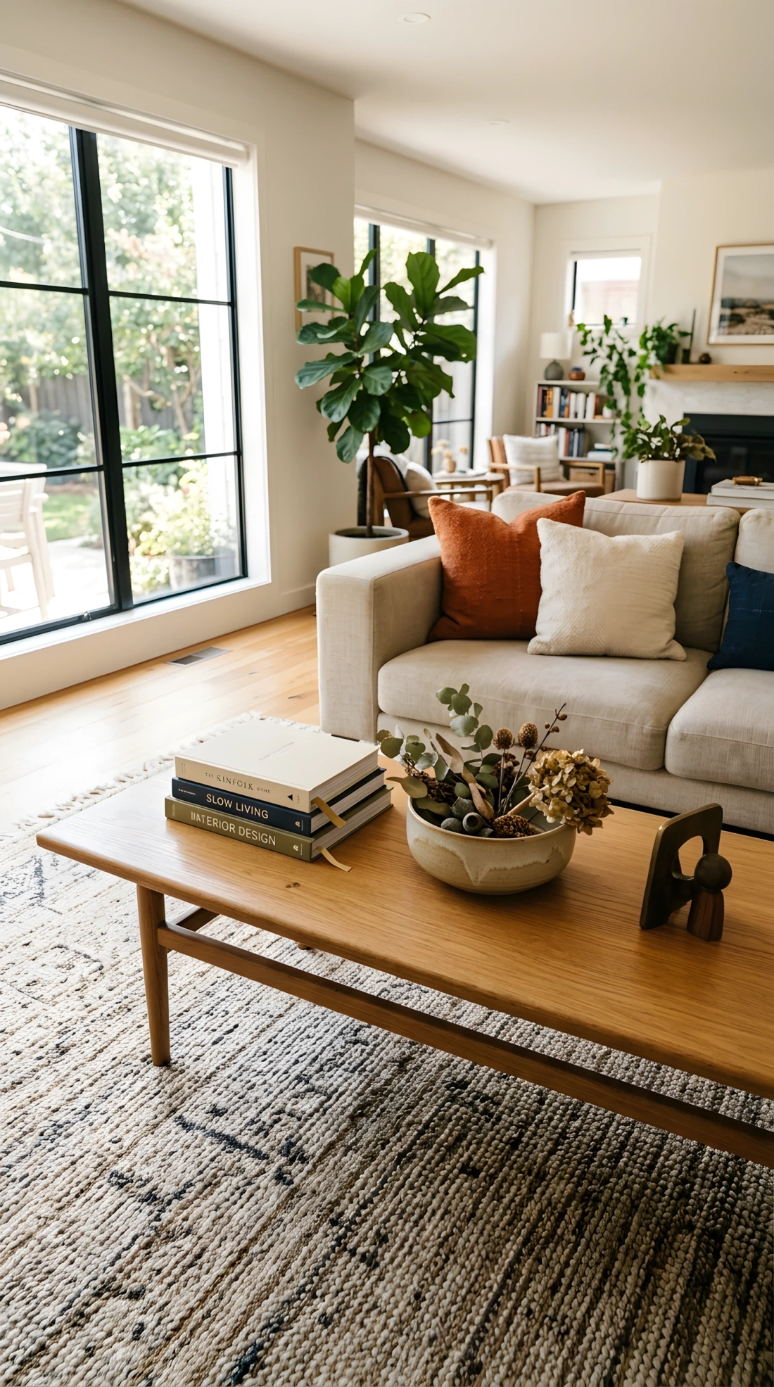 Wide-angle real-life photo of a coffee table styled with a neat stack of three hardcover books, a low ceramic bowl holding dried botanicals, and one small sculptural object, arranged with visible negative space between items, sofa and rug visible around the table, bright natural light from a nearby window, dramatic wide camera angle showing the table in context with the full room, vibrant tones, photographic stock-photo style, no illustration.