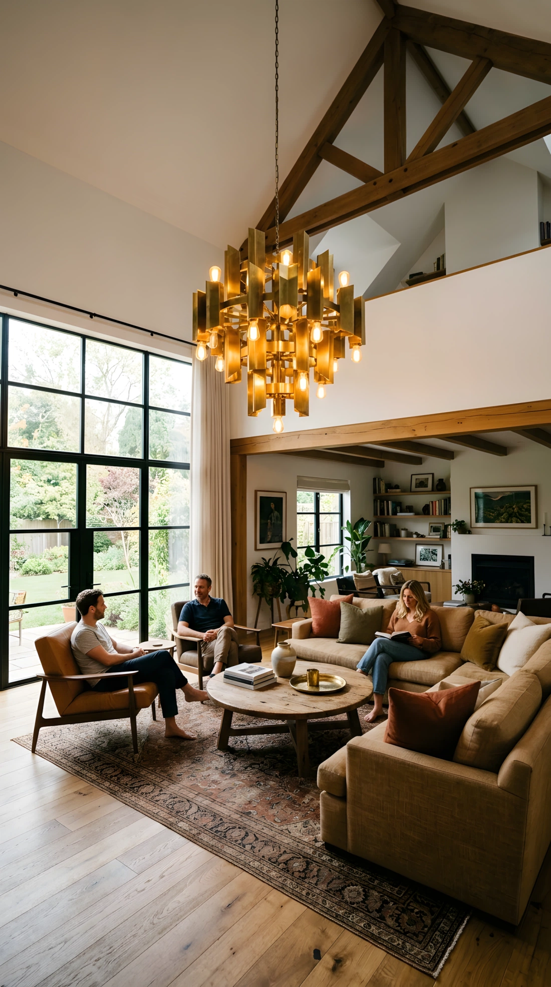 Wide-angle real-life photo of a living room with one oversized sculptural brass pendant light hanging low over a seating cluster of sofa and armchairs, high ceiling visible above, warm light glowing from the pendant mixed with soft natural daylight from a side window, dramatic wide camera angle capturing the full ceiling height and seating below, vibrant warm tones, photographic stock-photo style, no illustration.