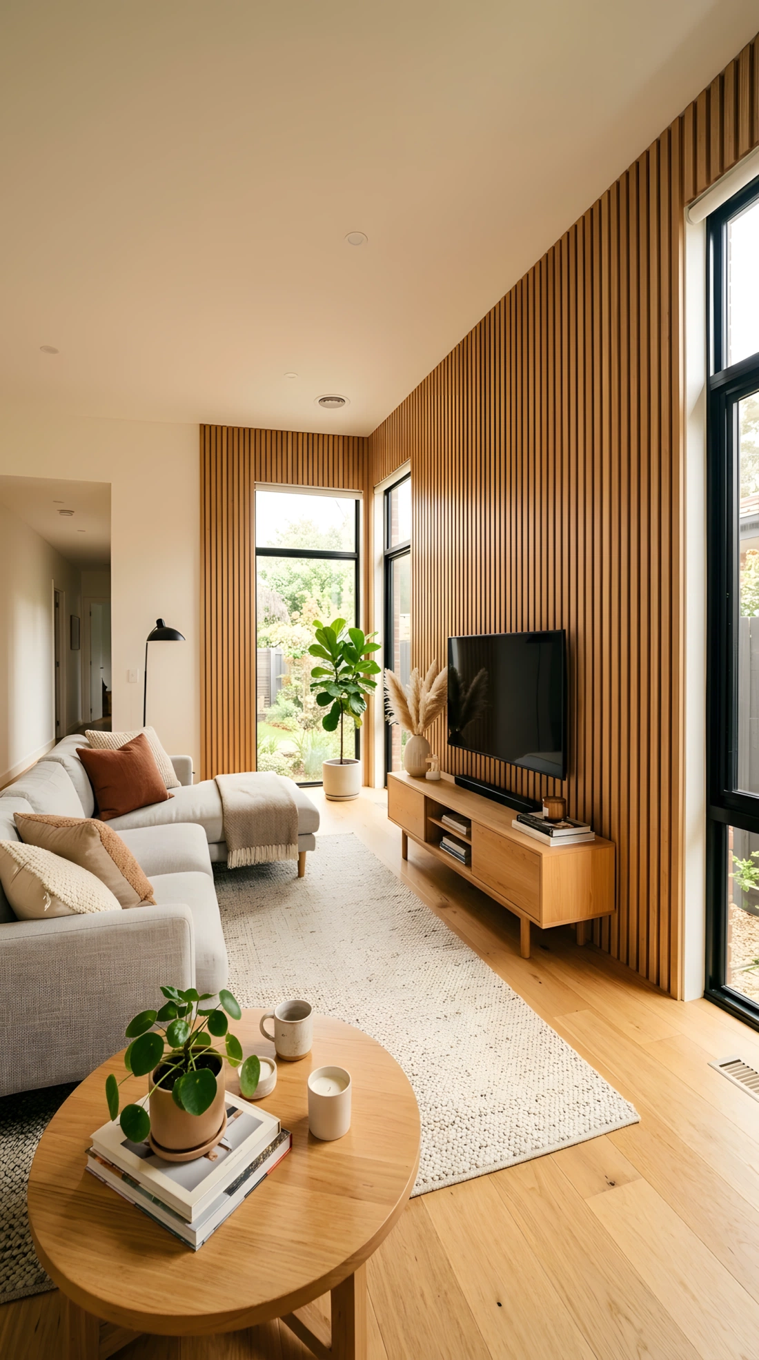 Wide-angle real-life photo of a living room with one accent wall covered in vertical light oak wood slat paneling, a low media console positioned against it, sofa and coffee table in the foreground, warm natural light from a window casting soft shadows between the wood slats, dramatic wide camera angle showing the full wall texture and room depth, vibrant warm tones, photographic stock-photo style, no illustration.