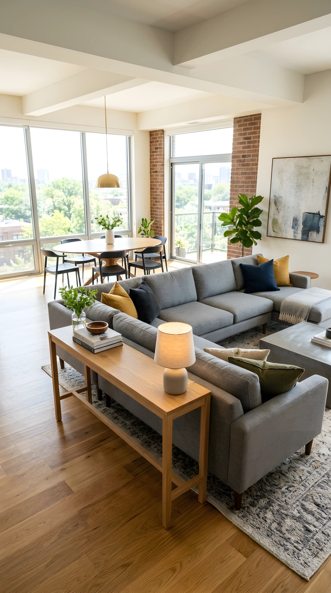 Wide-angle real-life photo of an open-concept living room with a slim wood console table placed behind a sofa, styled with a table lamp and a small stack of books, dining area visible faintly in the background beyond the console, bright natural light from large windows, dramatic wide camera angle showing how the console divides the seating zone from the rest of the open space, vibrant tones, photographic stock-photo style, no illustration.