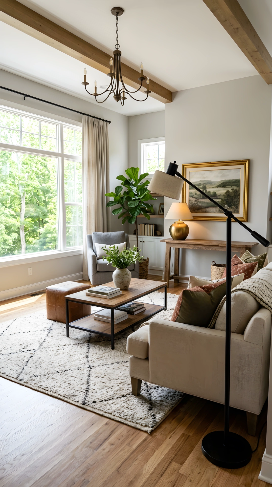 Wide-angle real-life photo of a living room showing a mix of metal finishes, a matte black floor lamp beside the sofa and a brass picture frame and brass table lamp on a nearby console, neutral furniture in the background, bright natural light from a window highlighting both metal tones, dramatic wide camera angle capturing the full room with both finishes visible, vibrant tones, photographic stock-photo style, no illustration.