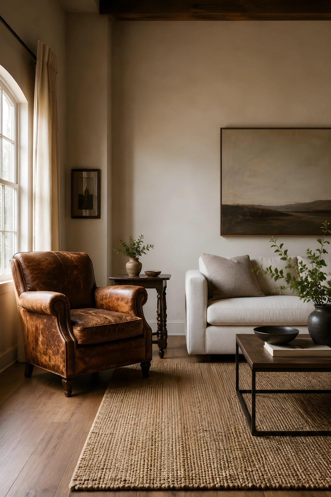 Wide-angle real-life photo of a living room featuring one weathered vintage leather armchair positioned slightly apart from a modern neutral sofa, an antique wood side table beside it, rest of the room styled simply to let the vintage piece stand out, warm natural light from a nearby window, dramatic wide camera angle showing the contrast between old and new furniture, vibrant warm tones, photographic stock-photo style, no illustration.